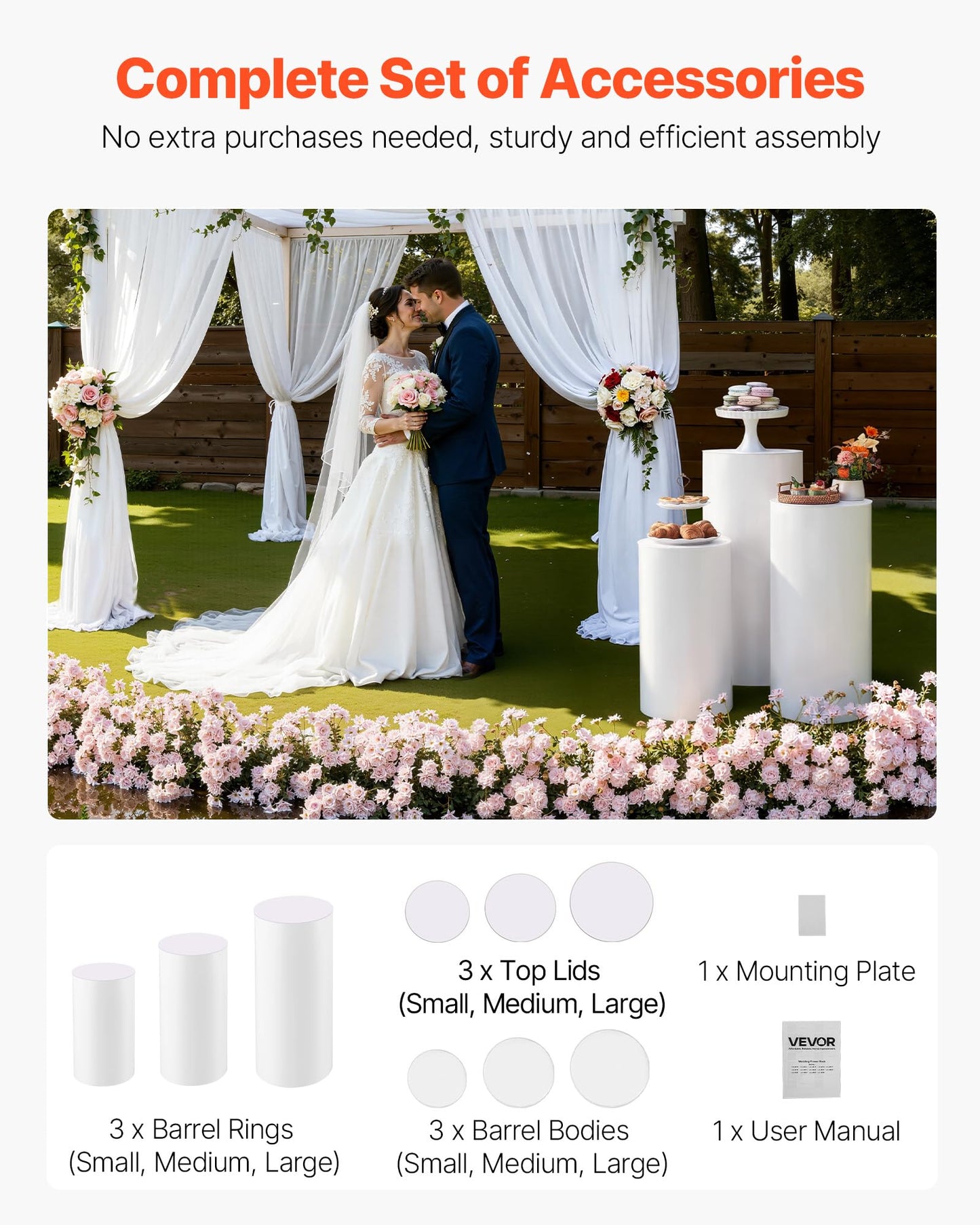 VEVOR Wedding Flower Stand, 3PCS 23.62/29.53/35.43 inch Round Cylinder Plinth, White Pedestal Stand with PVC Lid, Cylindrical Pedestal Stands for Wedding, Party, Birthday, Art Decor, 33.07 lbs Load
