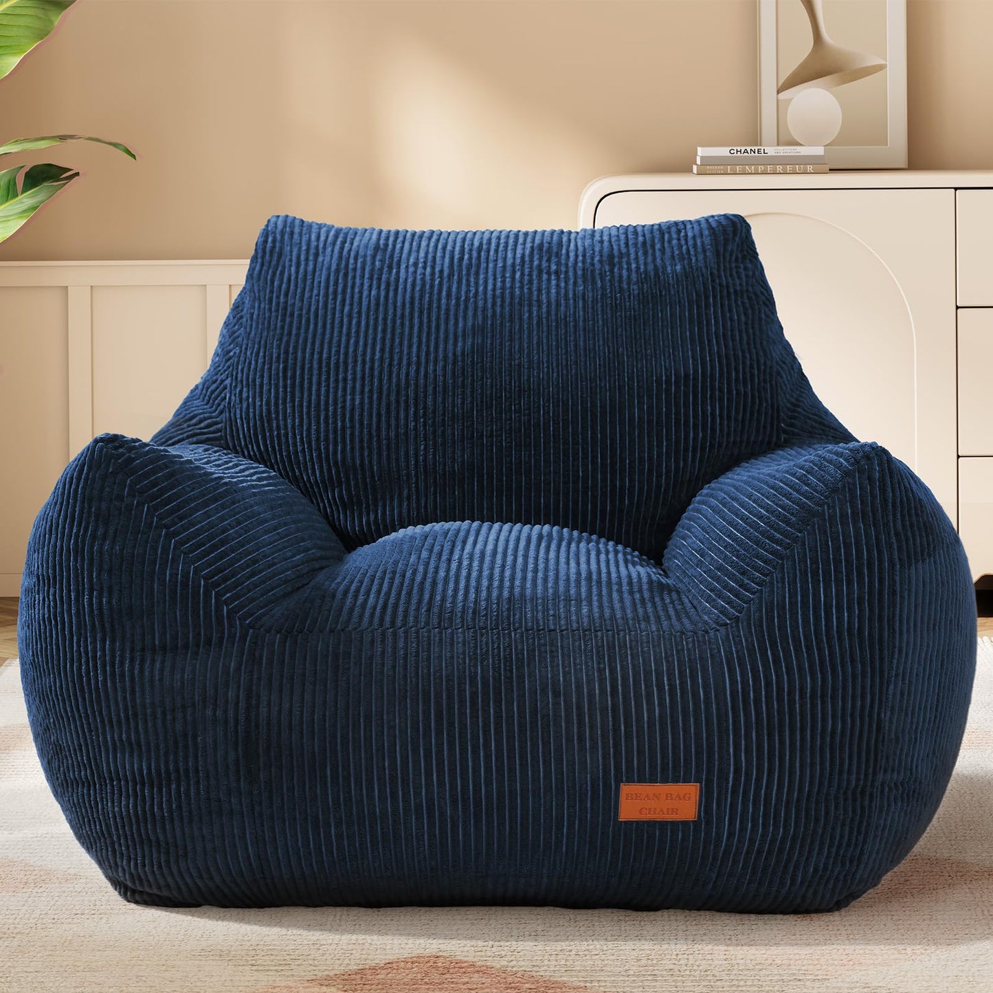 Vellorise Big Bean Bag Chair for Adults, Ultra Soft Living Room Bean Bag with Armrests, Stuffed BeanBag Chair for Napping, Gaming, Vacuum-Compressed for Easy Gifting, 48 Hours to Fluffs Up, Navy Blue