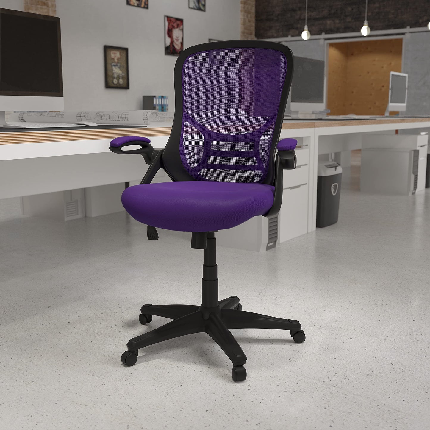 Flash Furniture Porter High-Back Swivel Office Chair with Adjustable Lumbar Support and Seat Height, Ergonomic Mesh Desk Chair with Flip-Up Armrests, Purple/Black