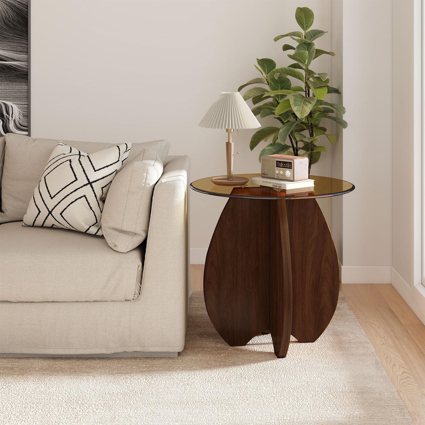 Permory MDF Frame Side Table with Brown Tempered Glass Top, Mortise and Tenon Joint Design, No Screw Easy Assembly, Sturdy End Table for Living Room, Bedroom (Shell-Brown)