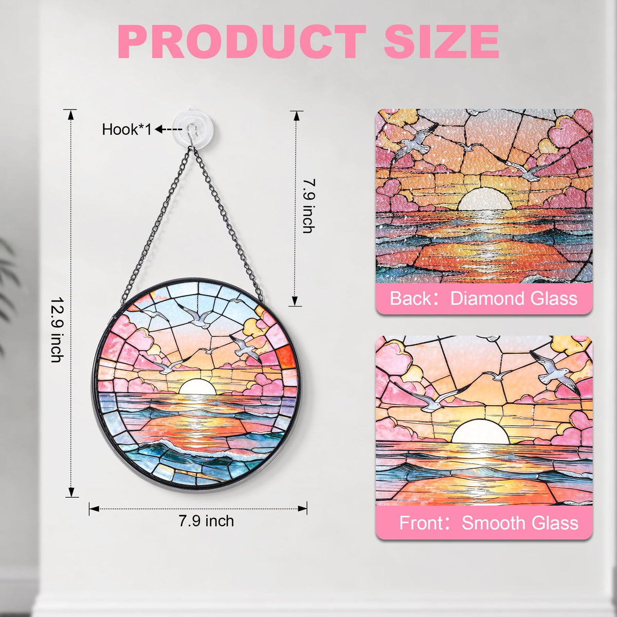 Hanging Stained Glass for Windows,20cm/7.87inch Sea Sunrise Stained Glass Suncatcher with Chain Garden Diamond Glass Panel Hangings Decoration for Home Decor Gifts for Family Friends Colleagues