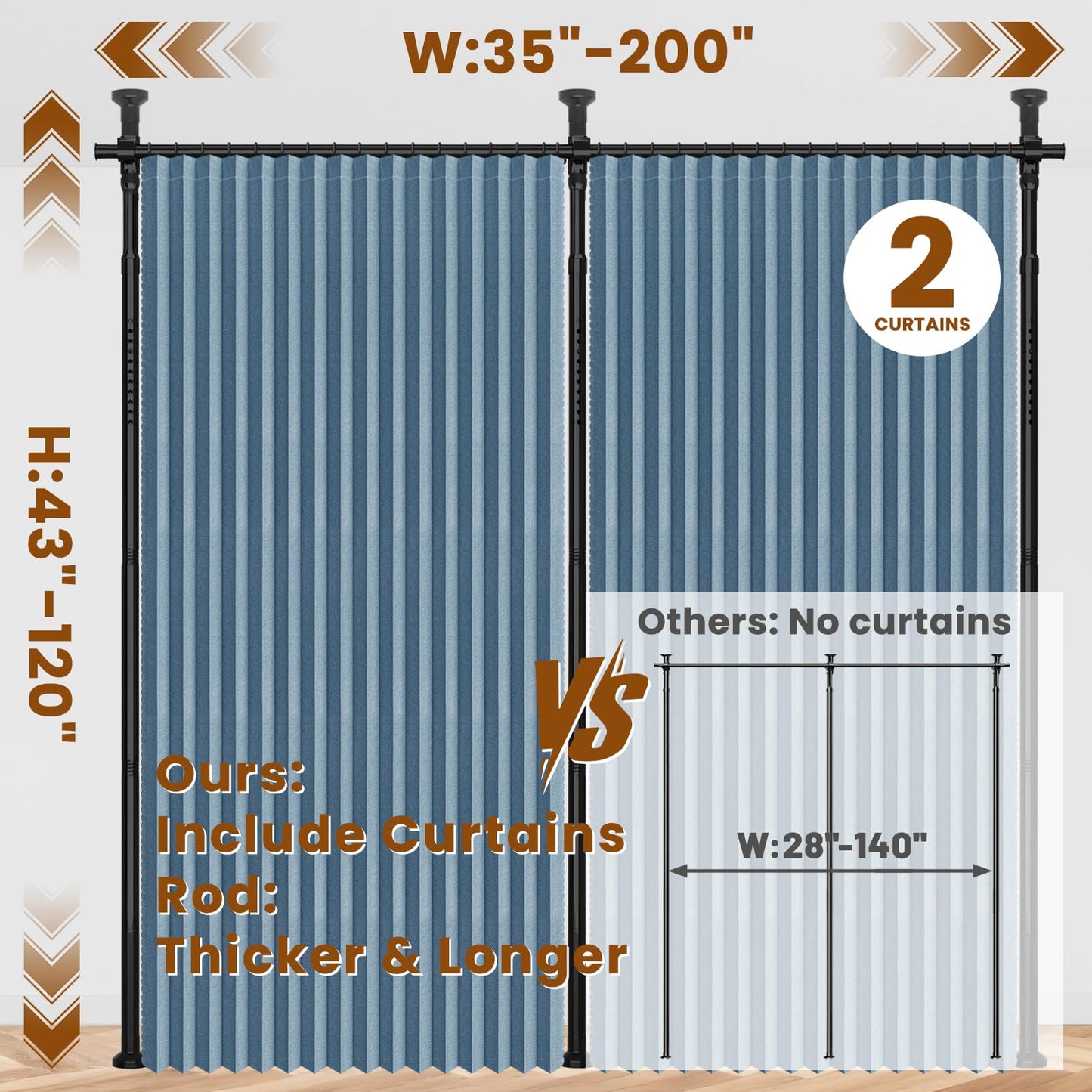 100% Blackout Room Divider Curtains Sets Blue 2 Panels W100 x L84in No Drill Curtain Rods(H) 43-120×(W) 35-200 in for Studio Apartment Dorm Office