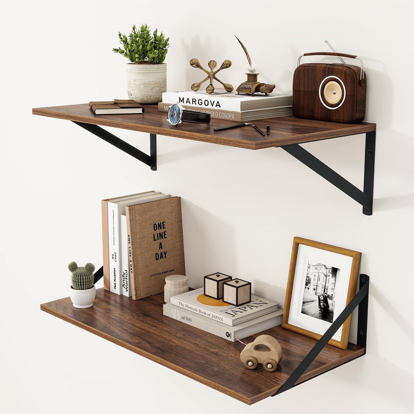 Heimlove 12 Inch Deep Floating Shelves for Wall, 24W x 12D Wood Wall Shelves Set of 2, Walnut Wide Floating Bookshelf for Living Room, Kitchen, Office, Bedroom, with Black Metal Bracke - Walnut