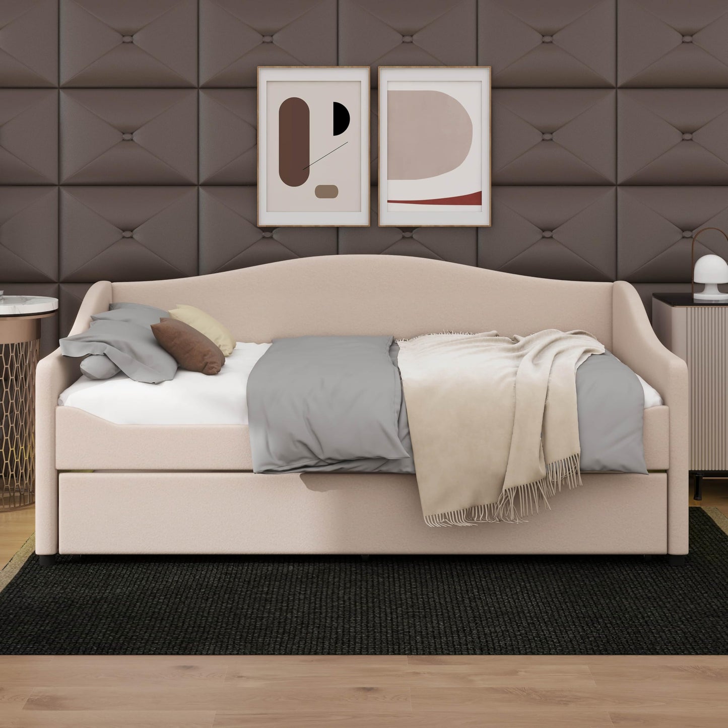 YunNianYang Teddy Fleece Upholstered Daybed with Light and Trundle (Beige, Twin)