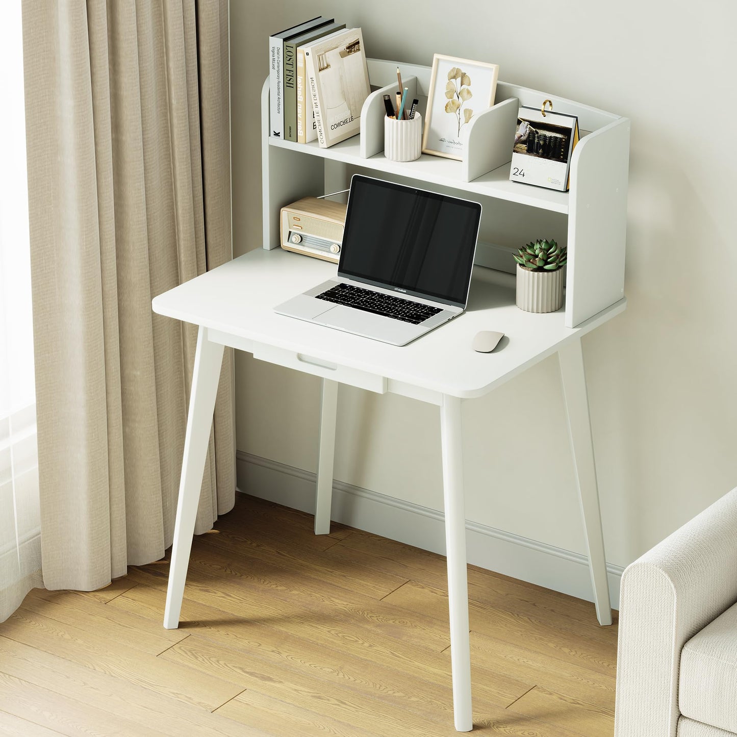 IOTXY Small Writing Desk with Hutch - 31.5" Work Computer Study Table with Drawer for Home and Office, White