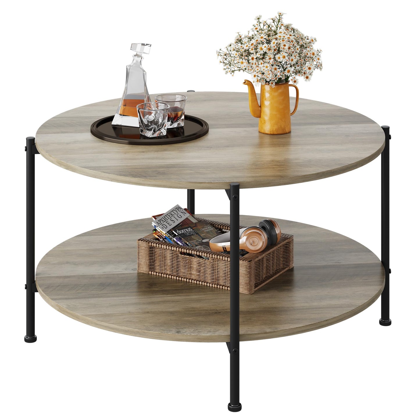 WLIVE Round Coffee Table, 32.6" Small Coffee Table with Storage Shelf, 2-Tier Circle Wood Center Table for Living Room, Apartment, Rustic Brown (Grey, 32.6" D x 32.6" W x 17.5" H)