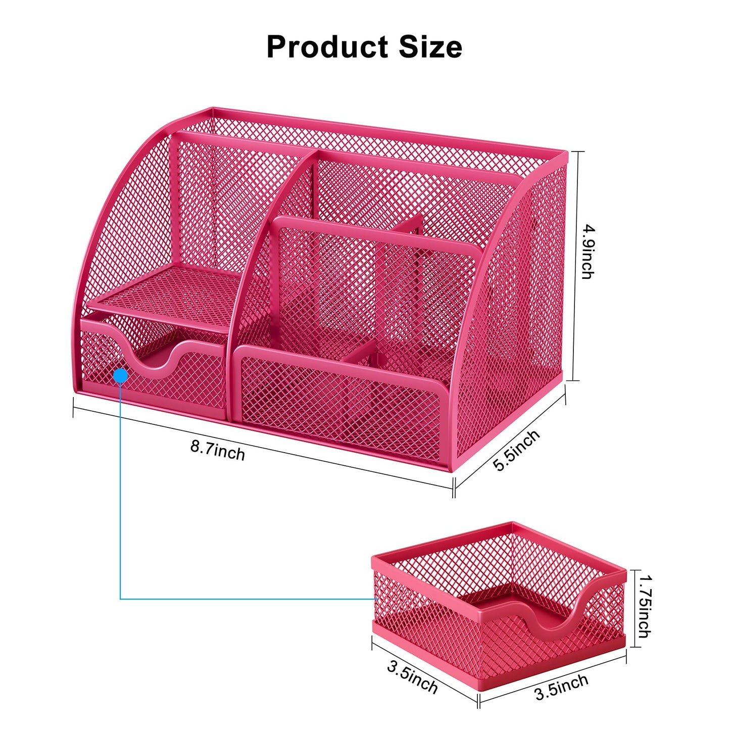 EasyPAG Mesh Desk Organizer with Drawer Multi-functional Pen Holder Stationery Organizer for Office School Supplies 6 Compartments Dorm Organizers and Storage for Desk, Hot Pink