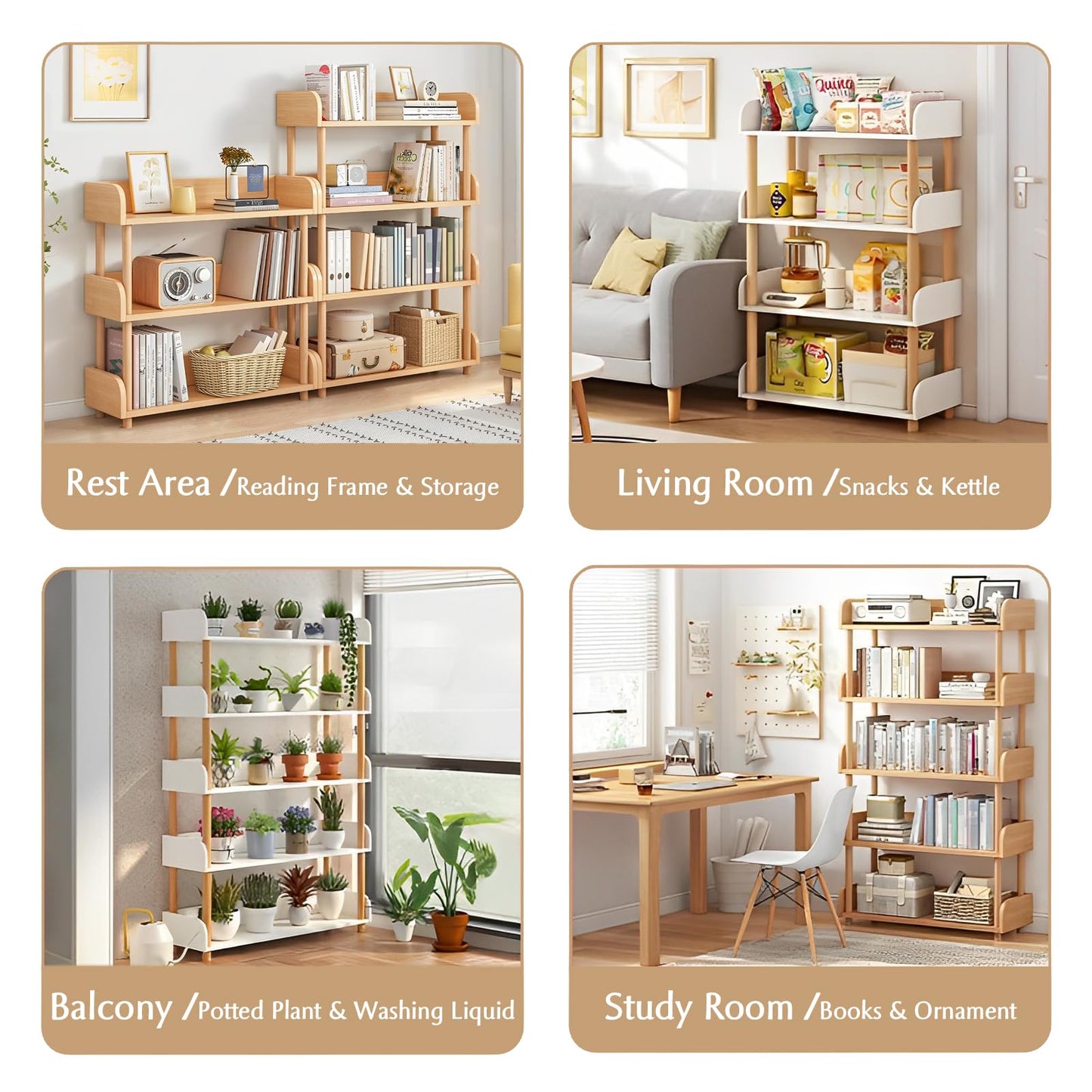 OSCHF 4-Tier Wooden Open Bookcase - Modern Display Bookshelf with Top Edge and Solid Wood Frame for Home and Office, Storage Cabinet, Oak