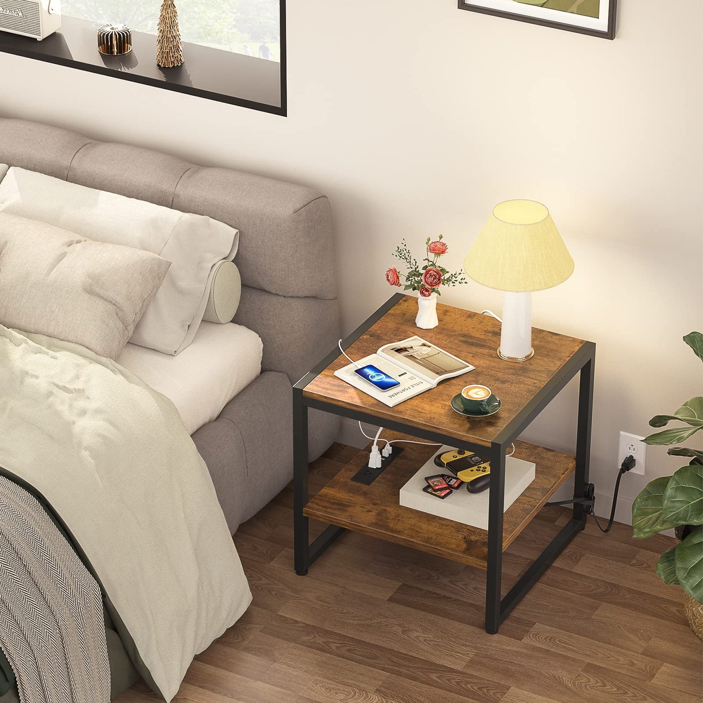 Homieasy End Table with Charging Station, 20" Mini Fridge Stand with Power Outlets, Heavy Duty Side Table for Living Room, Small Table Stand & Fridge Table, Rustic Brown