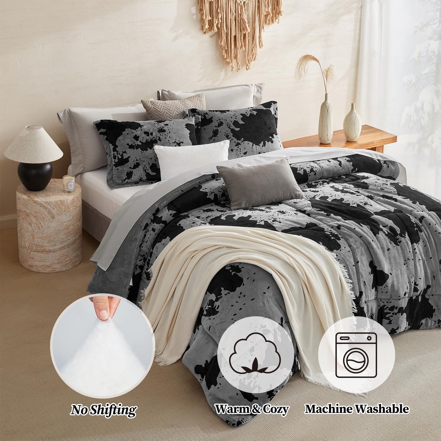 Petrichor Velvet Flannel Queen Comforter Set-Cow Print Western Style Blanket,Luxury Fuzzy Heavy Bedding Set, 3 Pieces Plush Winter Bed Set with Comforter (90"x90") & 2 Pillow Shams (20"x26")