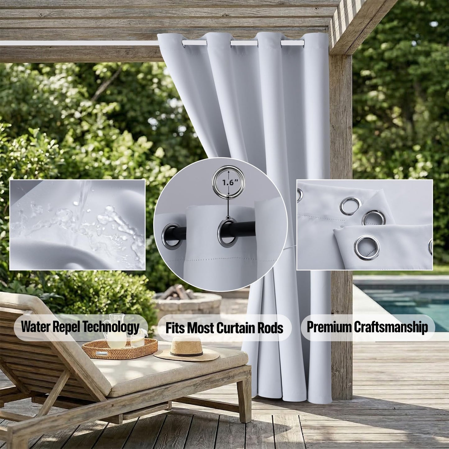 Water Proof Outside Curtains with Grommet Top for Porch, W84 x L95 Thermal Insulated Washable Light Block Outdoor Divider Drapes for Patio Gazebo Deck Pool Area Pergola Cabana (2 Panels)