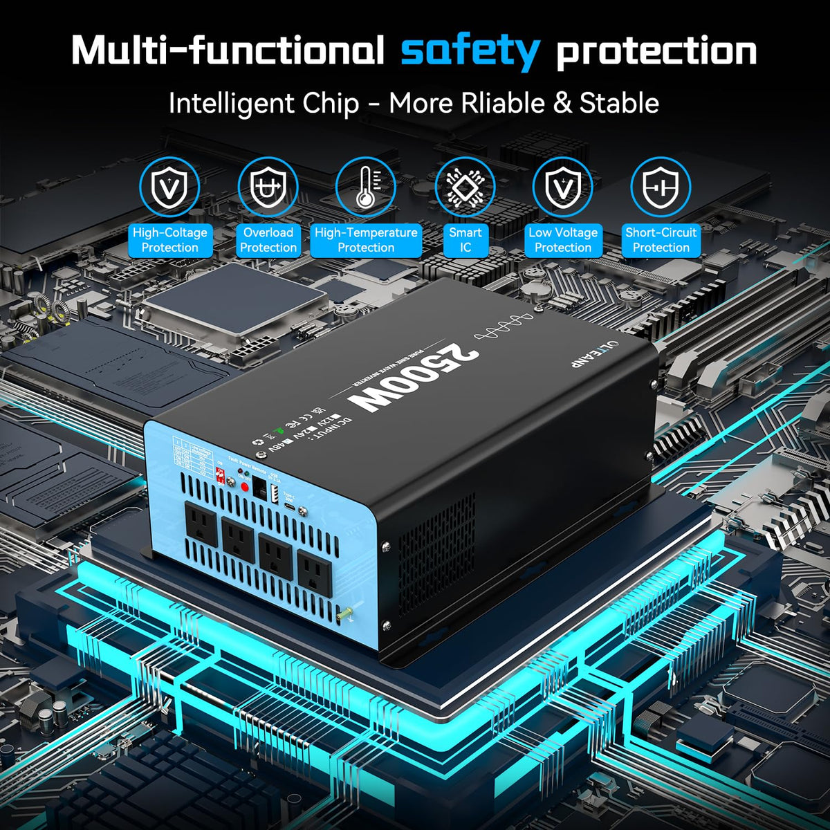 48V 2500W Pure Sine Wave Inverter 48V DC to 110V AC, 5000W Peak Power, 4 AC Outlets, USB & Type-C Port, Adjustable Input for Lithium Battery, Solar/Off-Grid Backup with LCD Remote