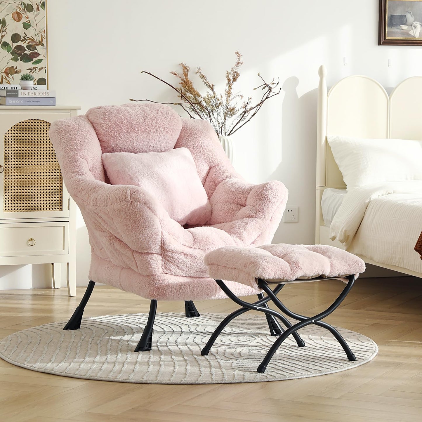 HomEastlly Lazy Chair with Ottoman, Large Pink Accent Chair with Ottoman and FA Throw Pillow, Comfy Plush Reading Chair for Living Room Bedroom Dorm Room Office Apartment Relaxing Use