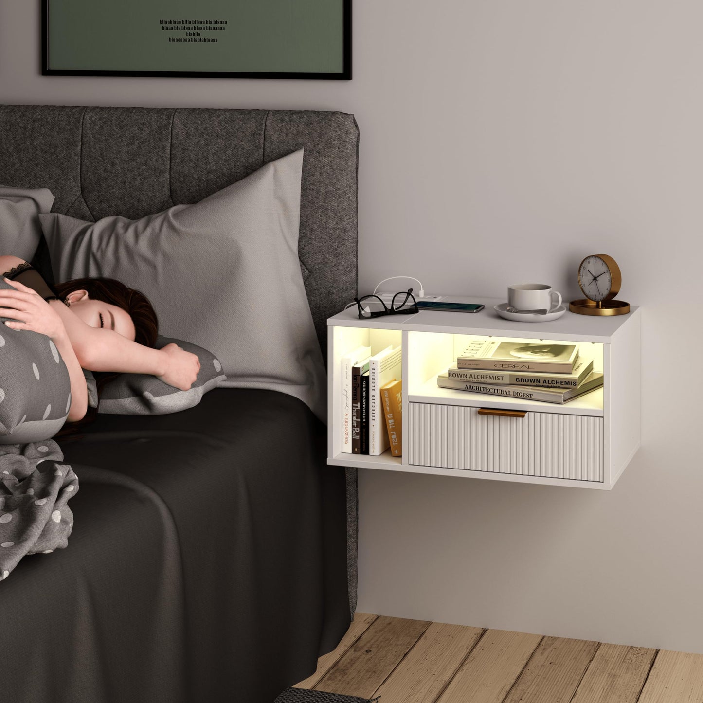 Veegle White Floating Nightstand with Charging Station and LED Lights,White
