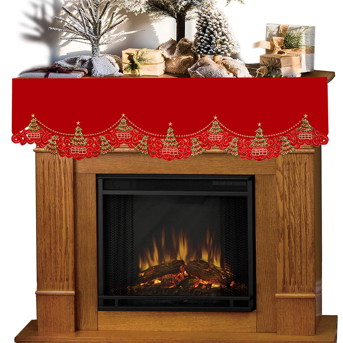 Grelucgo Embroidered Christmas Holly Tree Mantel Scarf Top Runner Winter Holiday Decorations