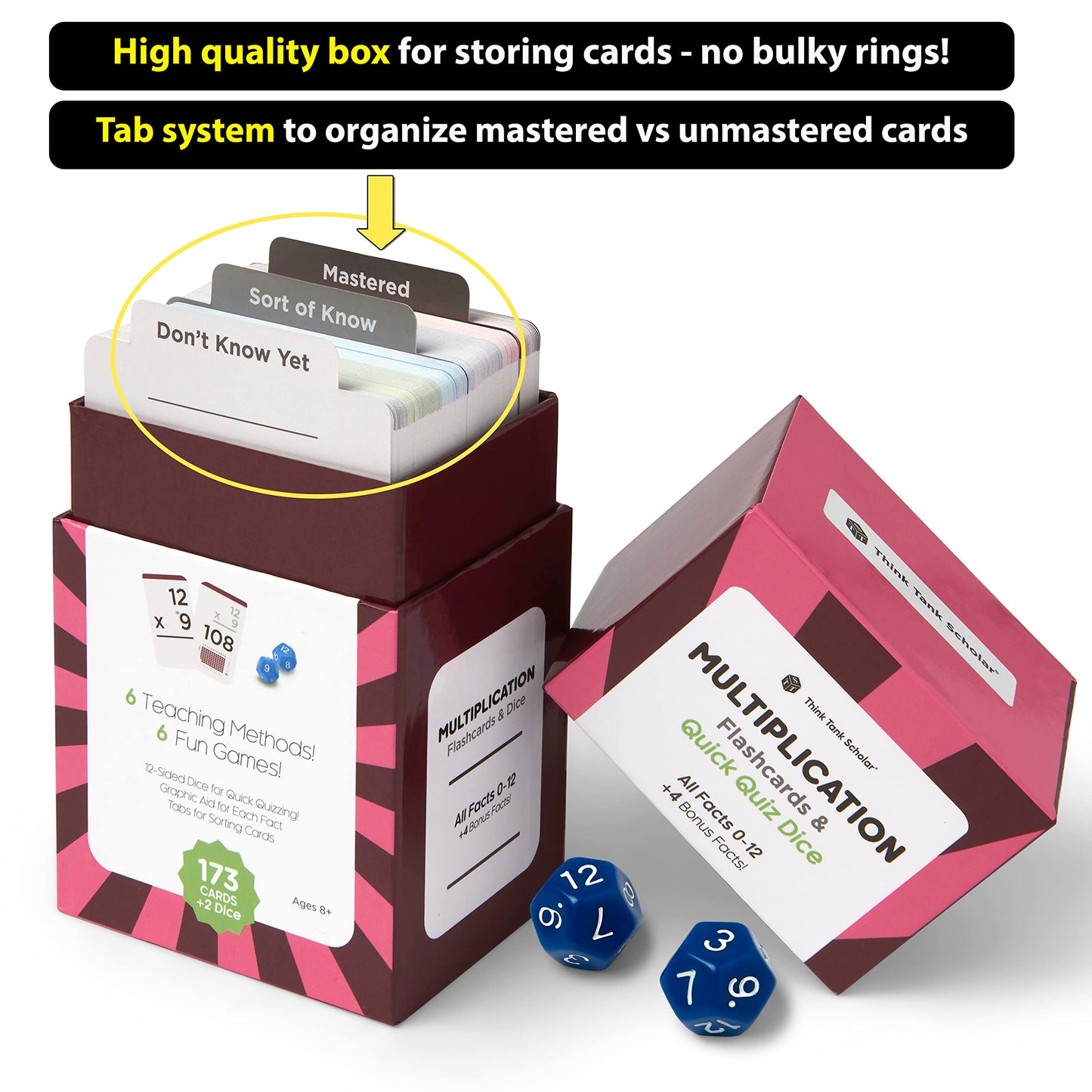 Award-Winning Multiplication Flash Cards – 173 Jumbo Cards (3.1” x 5.2”), All Facts 0–12 – 1 Fact & Visual Aid Per Card – Includes 2 Bonus Math Dice, Games, Charts & Mastery Divider Tabs – Grades 2–6