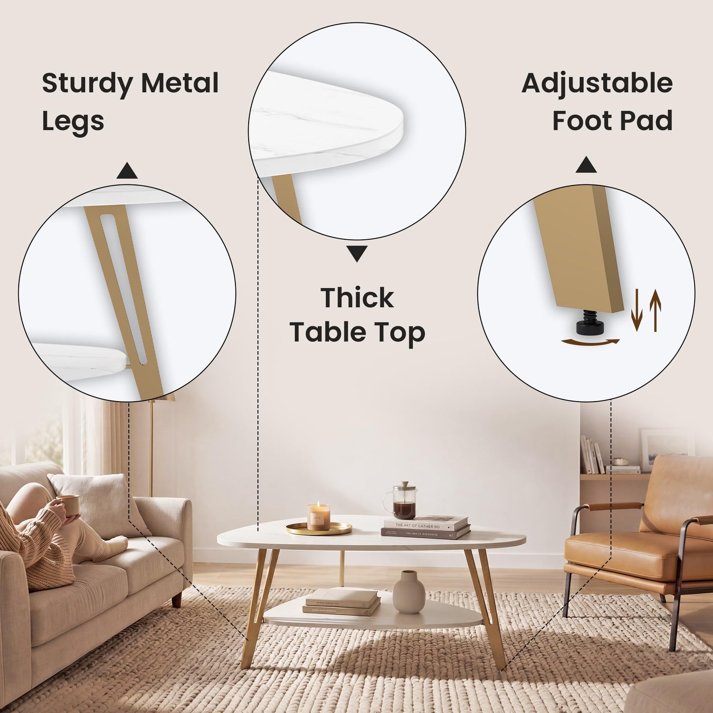 MWOOD Triangle Coffee Table, 33.5″‌ Mordern Center Table with Marble-Patterned Top&Golden Leg, Extra Storage Shelf for Living Room, Apartment(White&Gold)