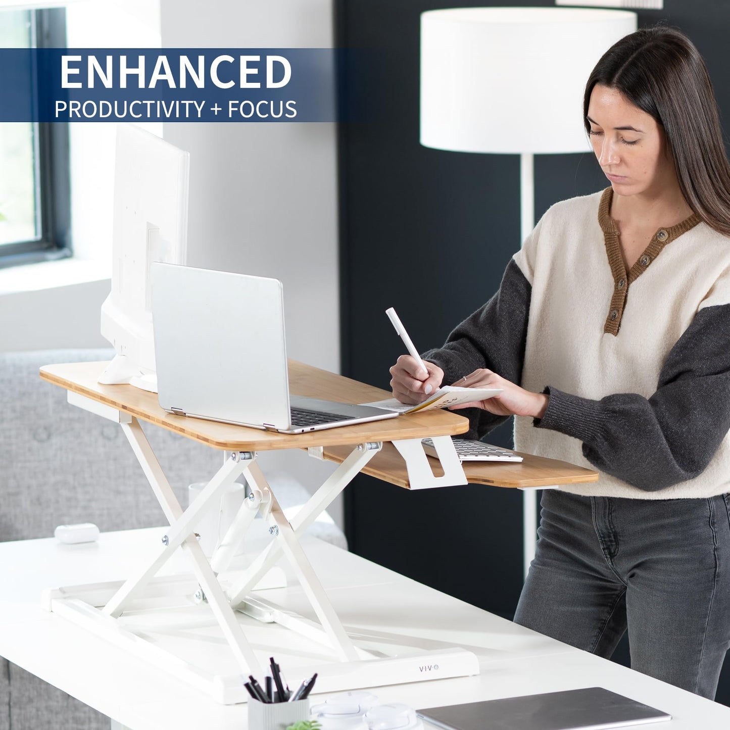 VIVO 32 inch Desk Converter, K Series, Height Adjustable Sit to Stand Riser, Dual Monitor and Laptop Workstation with Wide Keyboard Tray, Bamboo Top, White Frame, DESK-V000KO