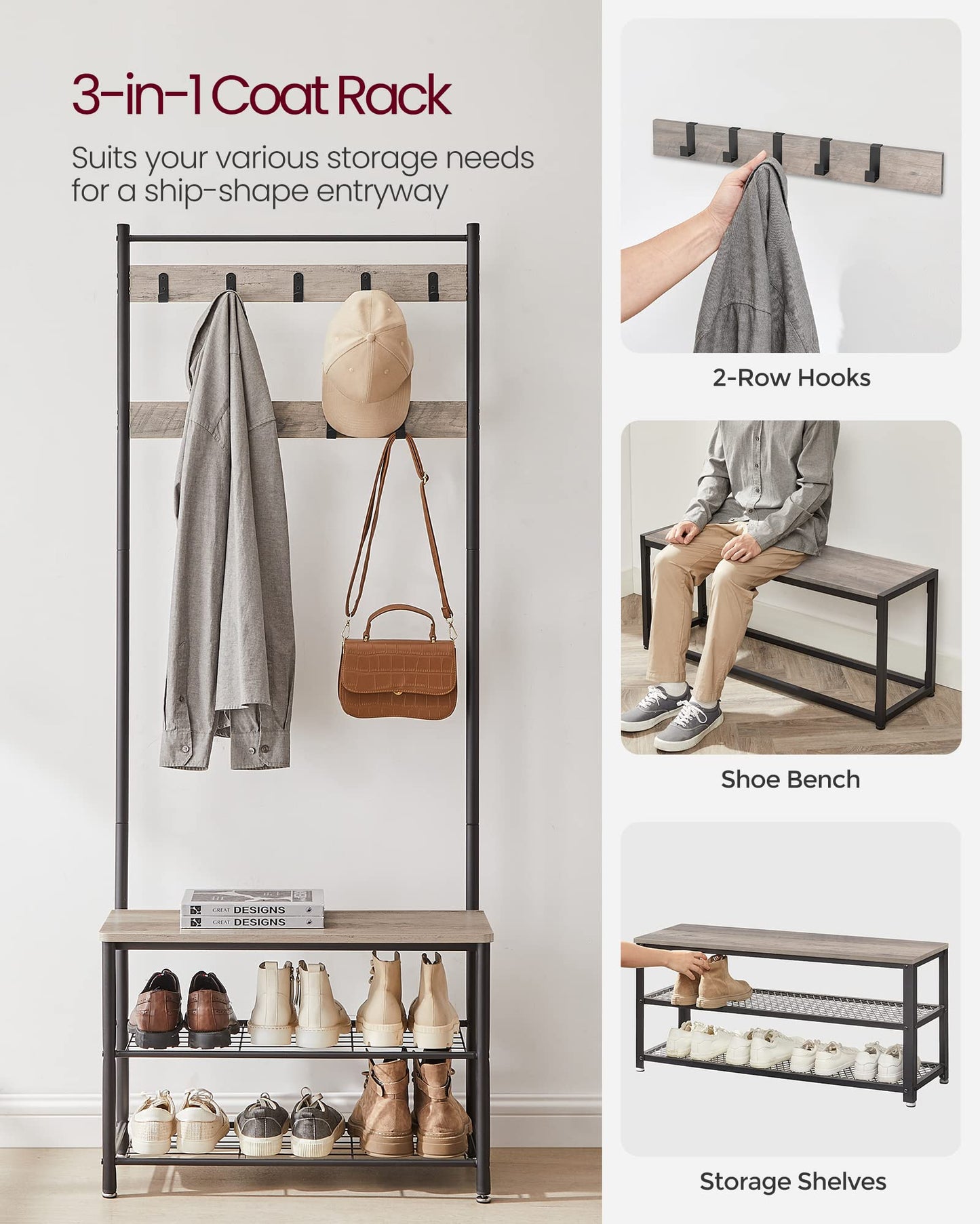VASAGLE Coat Rack, Hall Tree with Shoe Storage Bench, Entryway Bench with Shoe Storage, 3-in-1, Steel Frame, for Entryway, 12.6 x 27.6 x 68.9 Inches, Industrial, Greige and Black UHSR41MB