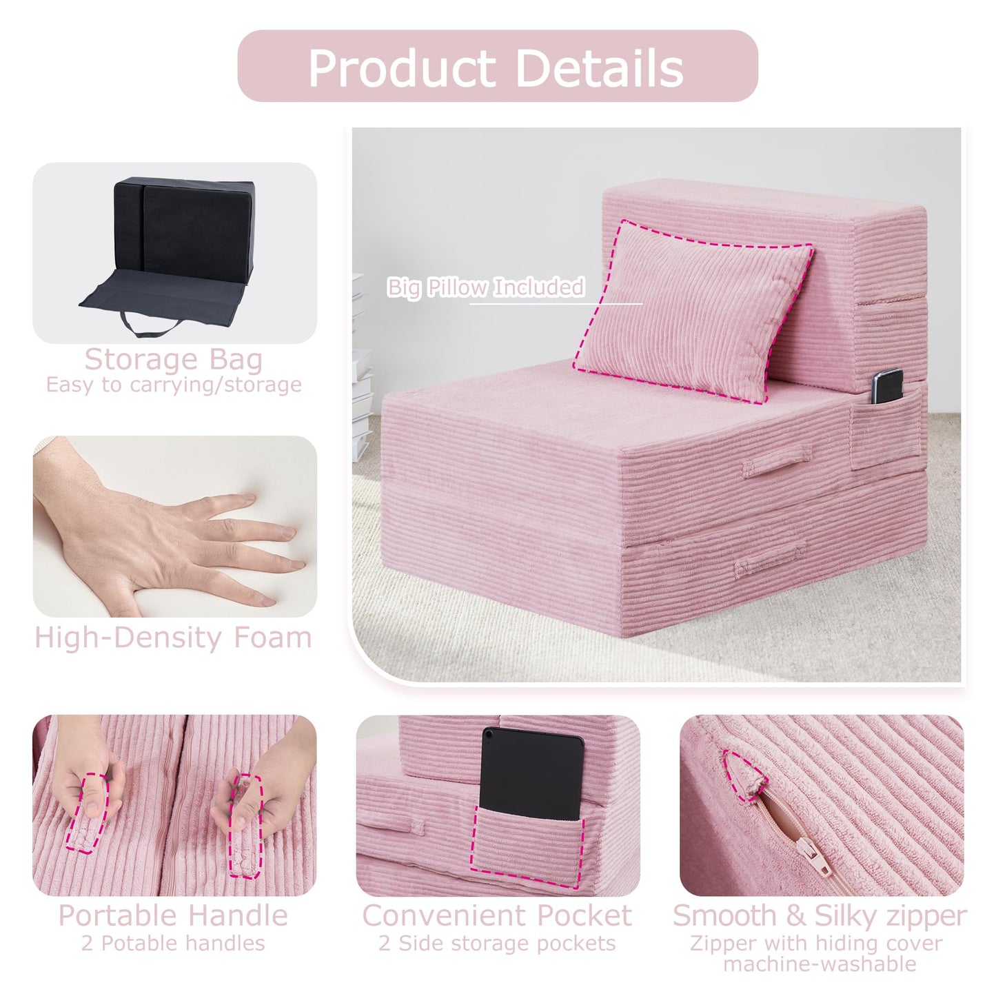 HILERO Folding Sofa Bed, 4 in 1 Convertible Sleeper Chair with Pillow, Single Memory Foam Fold Out Chair Bed, Modern Floor Futon Sofa Couch Mattress for Living Room/Guest/Apartment, Pink