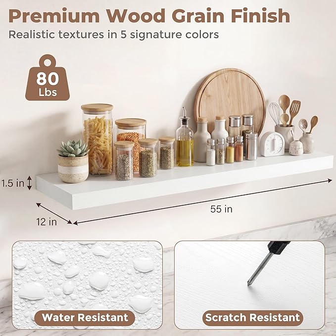 12 inch Deep Floating Shelves for Wall, 55 inch Wide Engineered Wood Wall