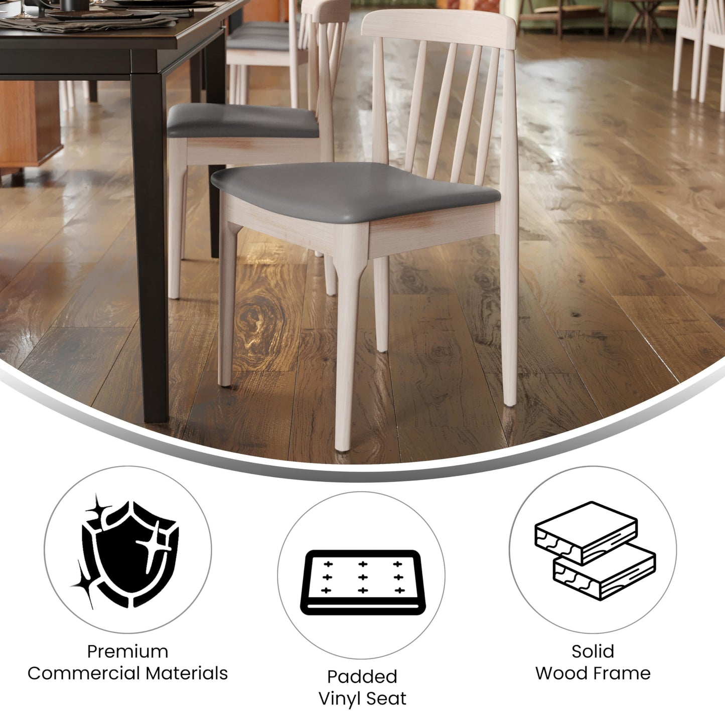 Flash Furniture Chester Solid Wood Dining Chair, Commercial Grade Restaurant Chair with Curved Spindle Backrest and Vinyl Padded Seat, Set of 2, Antique White/Beige