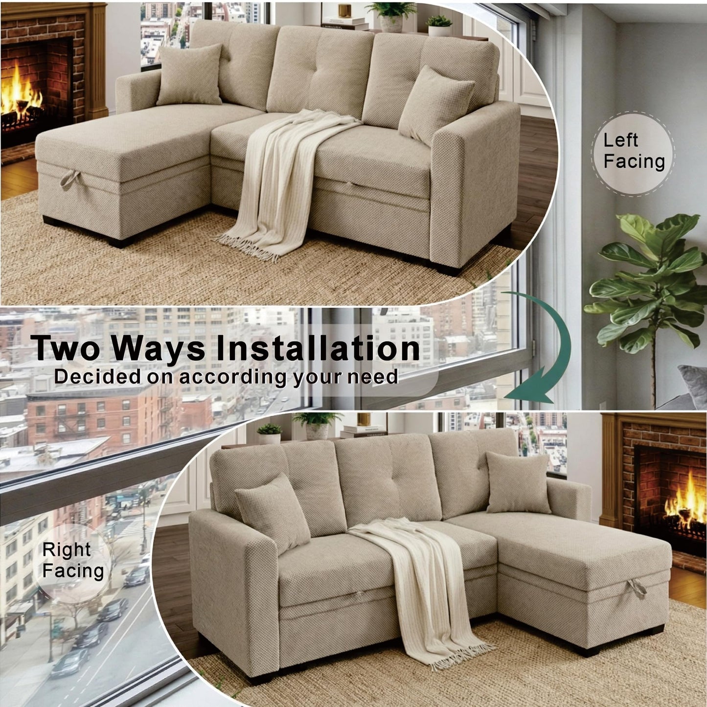 WuerQi 71" Sofa Bed with Queen Size Pull Out Couch, Sectional Sleeper Sofa with Reversible Storage Chaise, L Shaped Couch for Living Room, Apartment and Small Spaces (Camel-L Shaped)