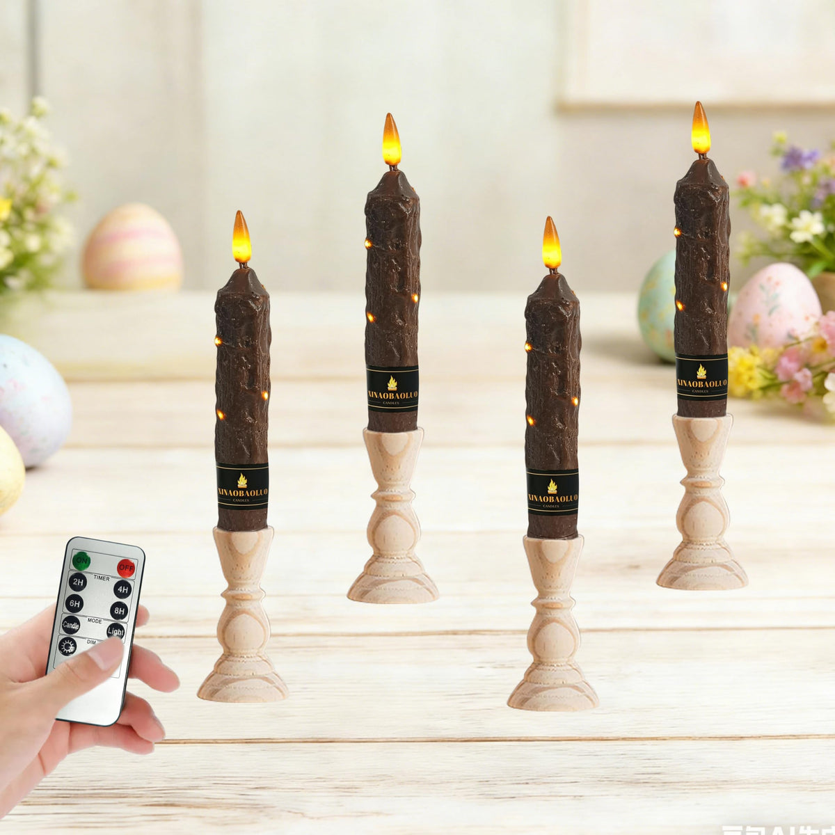 XINAOBAOLUO 6.5 inch Flameless Brown Taper Candles Flickering with 10-Key Remote, Battery Operated Led Warm 3D Wick Light Window Candles Real Wax Pack of 4, Christmas Home Wedding Decor