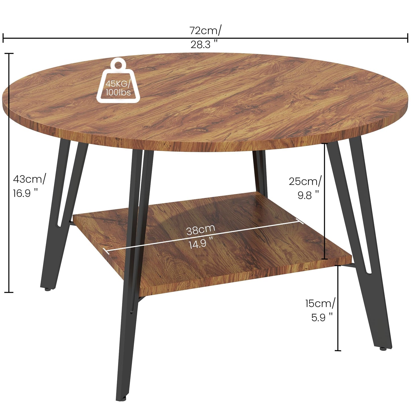 Manora Round Coffee Table, Modern Wood Round Center Table with Storage Shelf, Small Circle Coffee Table for Living Room, Home Office, Small Space, Apartment, Rustic Brown