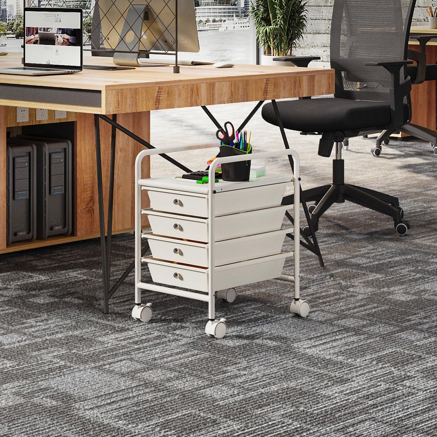 Shrivee 4-Tier Utility Cart with 4 Drawers, Rolling Utility Cart with 2 Lockable Caster Wheels, Multipurpose Mobile Rolling Drawer Cart for Office Bathroom Kitchen, Ivory White