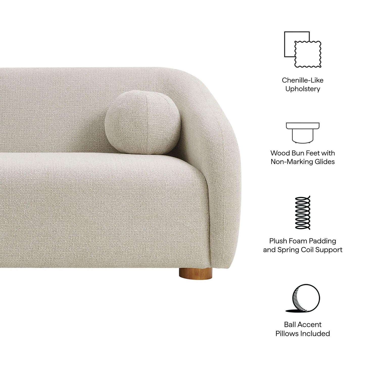 Modway Holland 85 Inch Minimalist Curved Back Sofa in Dove Gray – Chenille Fabric Sofa with Ball Throw Pillows and Wood Feet – Modern 3-Seater Couch for Living Room