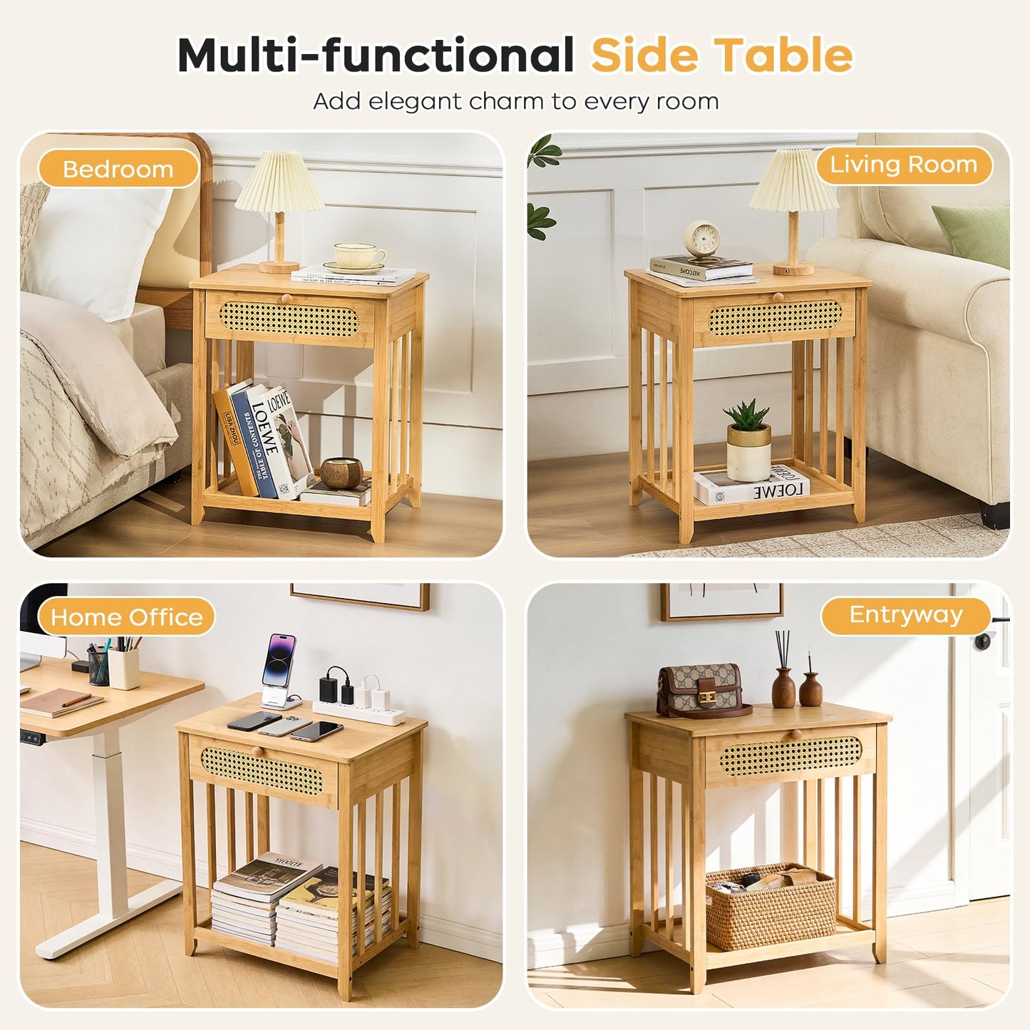 oakvivo Nightstand Set of 2, Rattan Night Stand Bedside Table with Drawer, 19.7" W Bamboo End Tables with Open Storage Shelf, Boho Sofa Bed Side Table for Bedroom, Living Room, Sofa, Couch, Natural