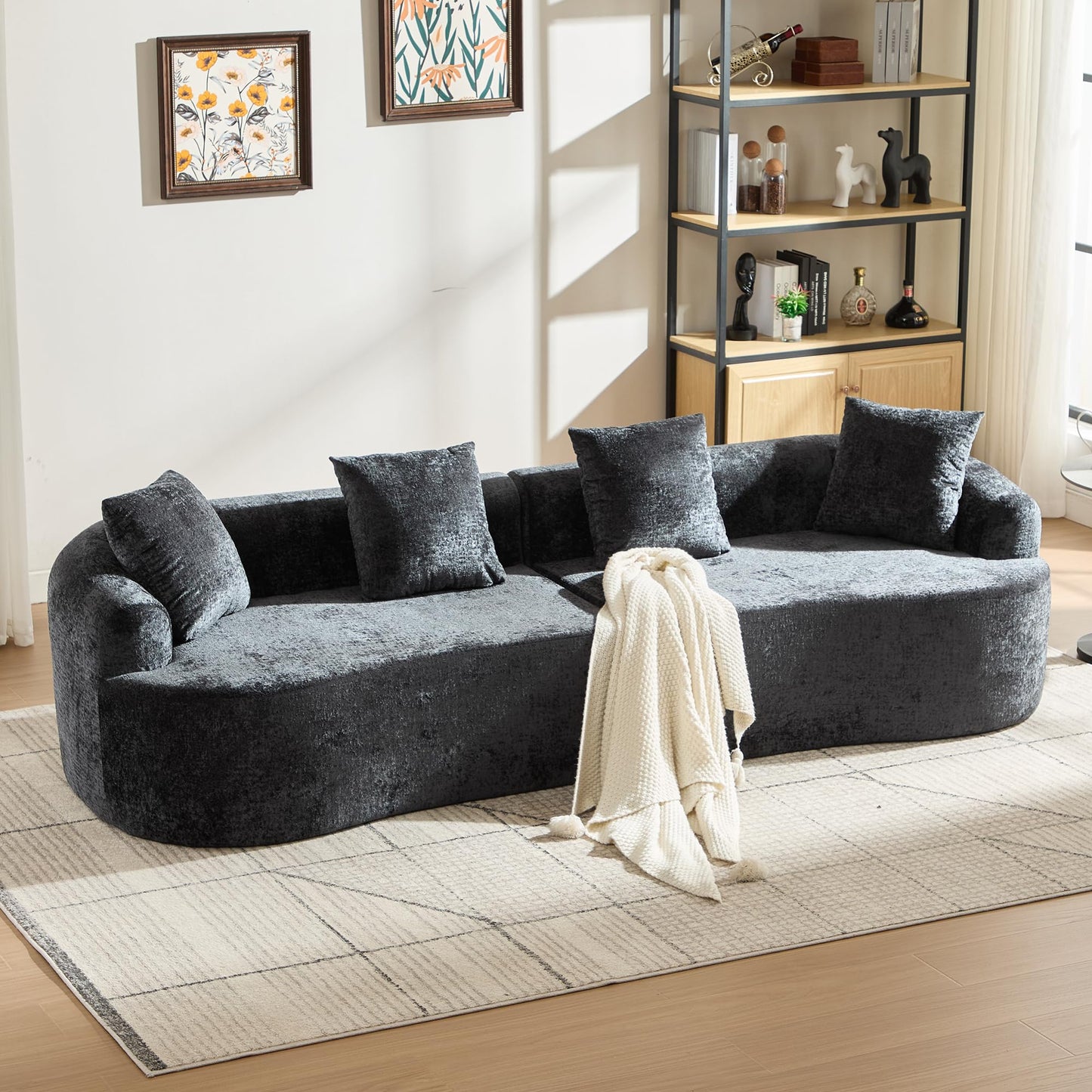 Sectional Sofa, Curved Cloud Sofa Couch, Chenille Full Sponge Chaise for Living Room, Apartment (Black, 110 Inch)