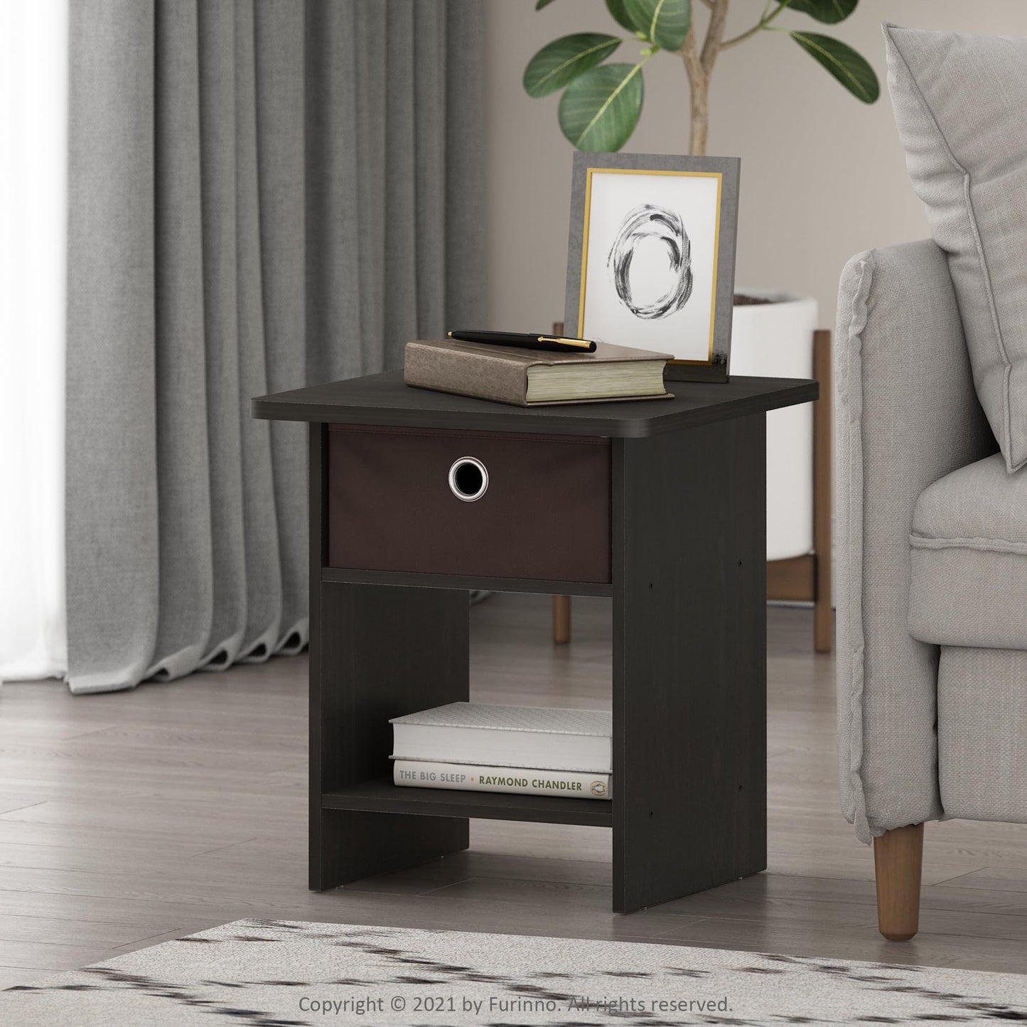 Furinno DARIO Side Table, Square End Table with Storage Bin, Round Corner Night Stand, Bedside Table with Open Back Shelf, for Living Room, Bedroom, Espresso