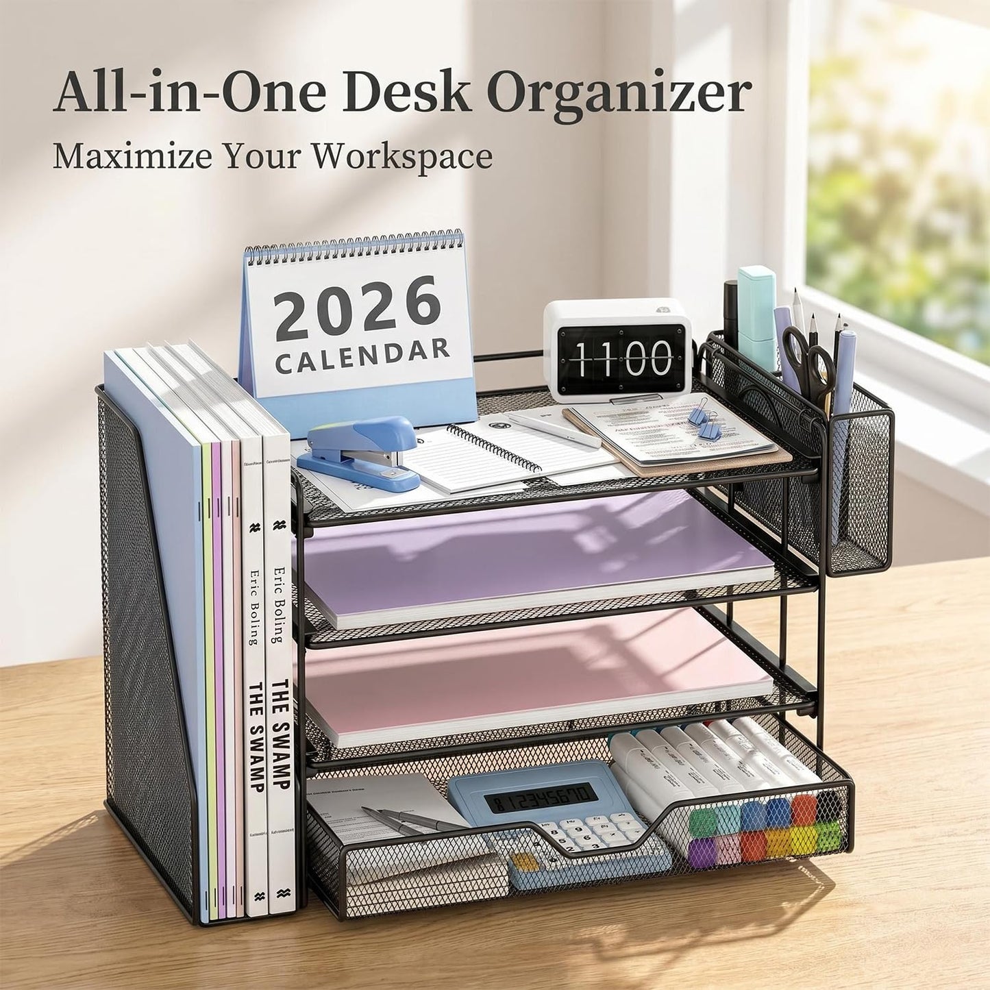 OPNICE Desk Organizers and Accessories, 4-Tier Workspace Desktop File Organizer with Drawer & Pen Holder, Paper Tray Organizer with File Holder, Office Desk Accessories for Home Office Supplies, Black