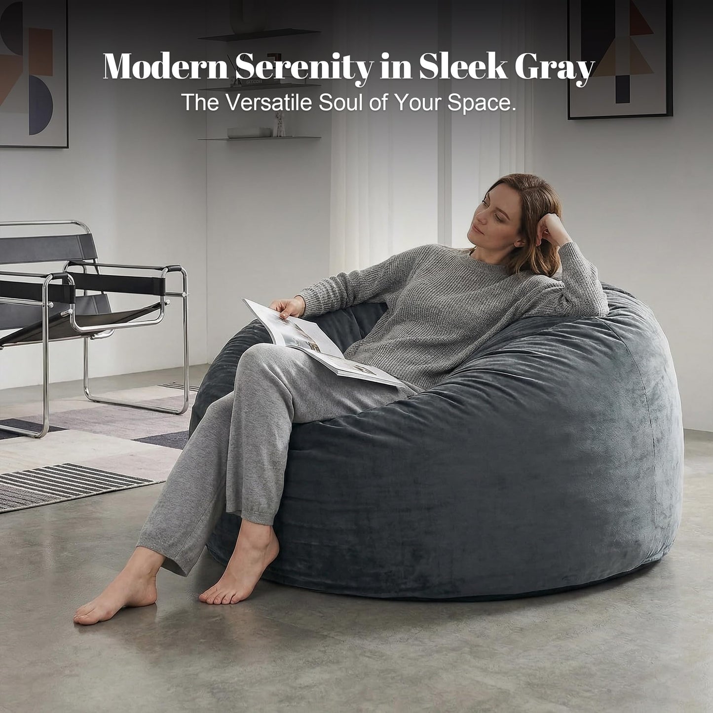 Codi Bean Bag Chair with Filler Included, 4 FT - Comfy Large Beanbag Chairs for Adults - Machine Washable and Soft Mink Bonded Cover - Charcoal Grey, 4ft