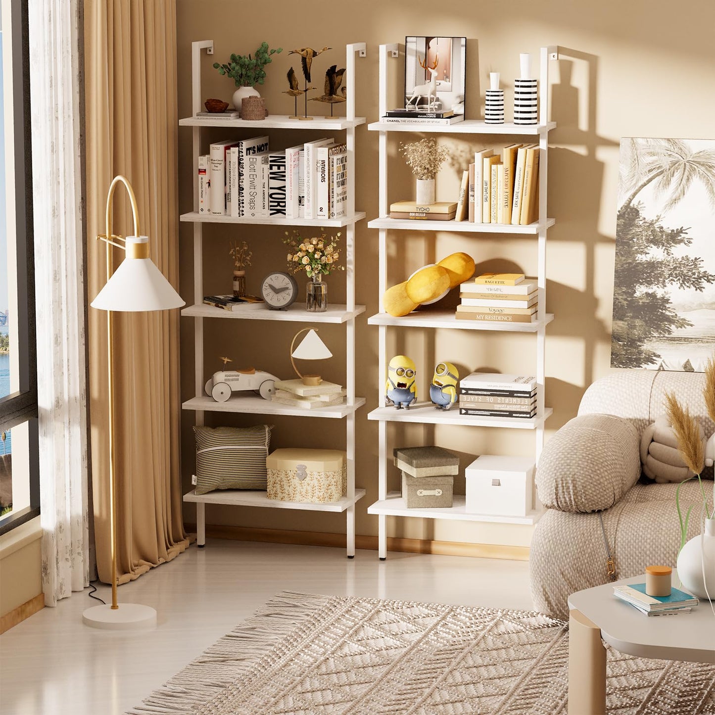 aboxoo Ladder Shelf White Wooden Bookshelf 5-Tier Wall-Mounted Open Wood Rack Industrial Modern Plant Flower Stand Utility Organizer Bookcase Metal Frame Furniture Office Kitchen Bedroom