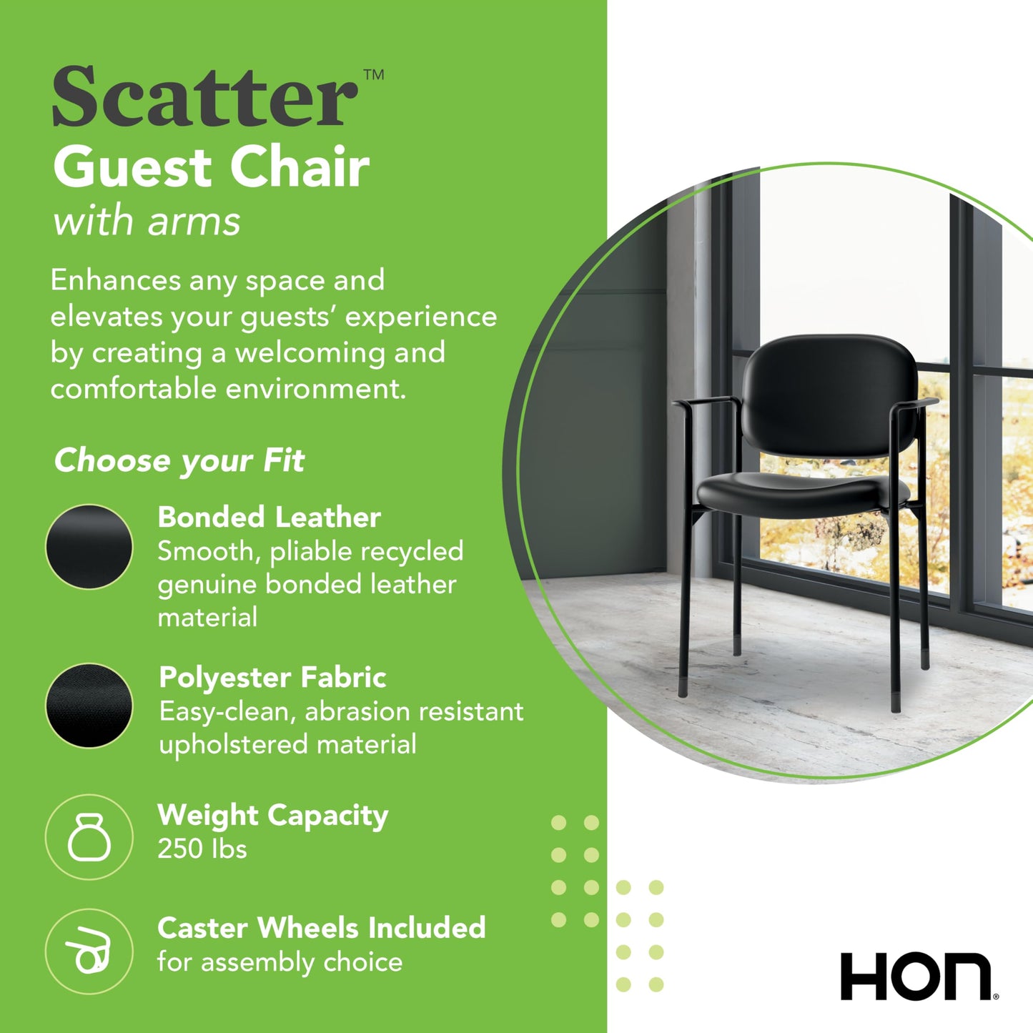 HON Scatter Fabric Guest Office Chair with Arms, Stackable Seating for Waiting Rooms, Lobbies, Conference Areas, and Offices, Side Chair for Reception and Training Spaces, Black