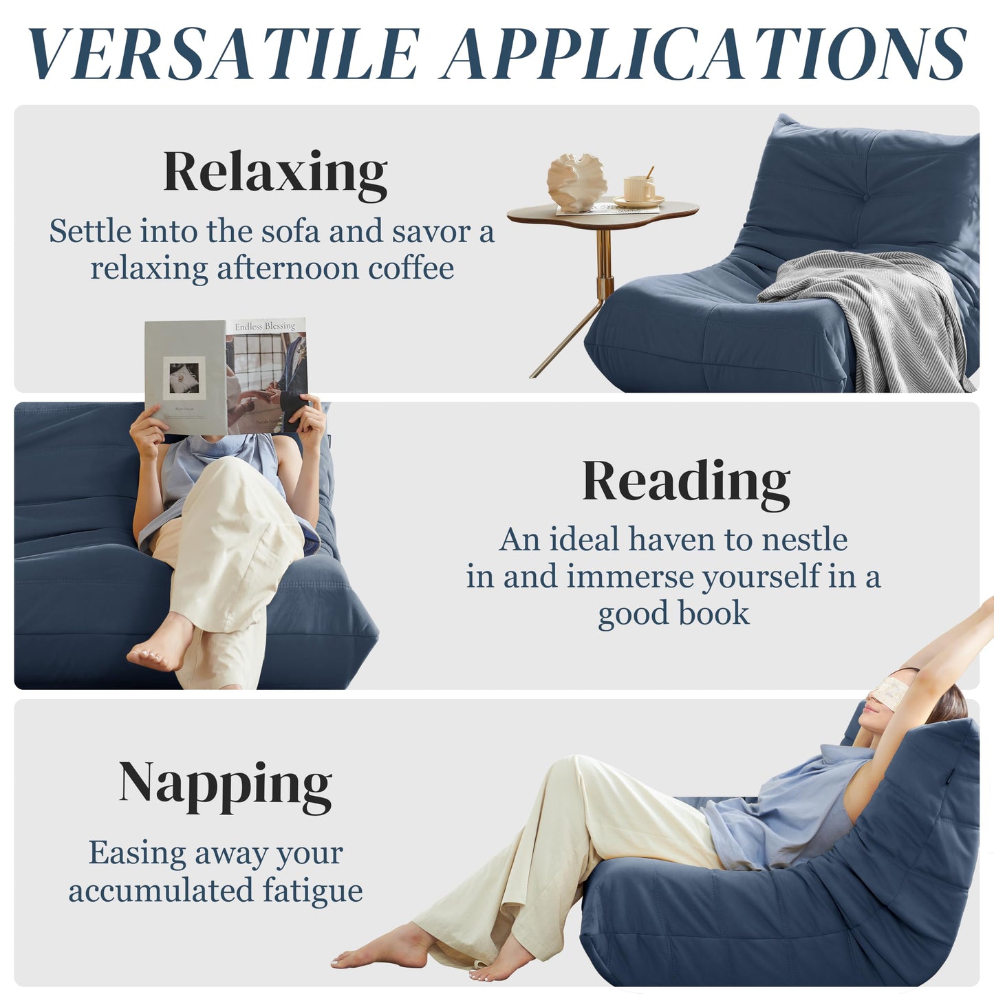 Bean Bag Chair, Fireside Chair Bean Bag Sofa for Adults, Bean Bag Chairs for Teens with High-Resilience Foam, Memory Foam & Non-Slip Base Bean Bag for Living Room, Bedroom, Office (Suede, Dark Blue)