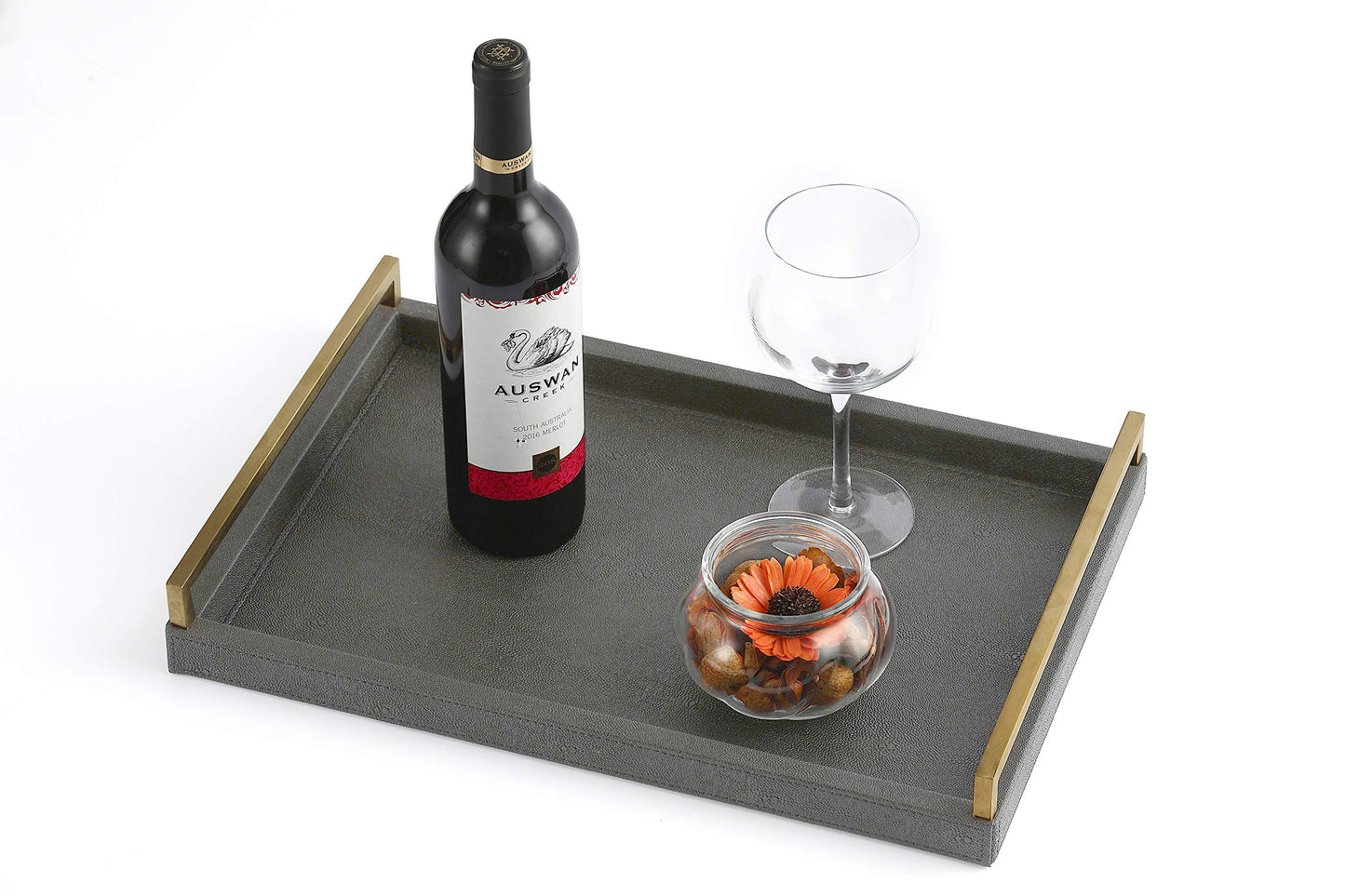 WV 17.8 * 11.8" Grey Shagreen Large Serving Tray with Brushed Gold Handle,Faux Leather Home Decorative Tray, Coffee Table Tray for Living Room, Dinning, Vanity （Grey