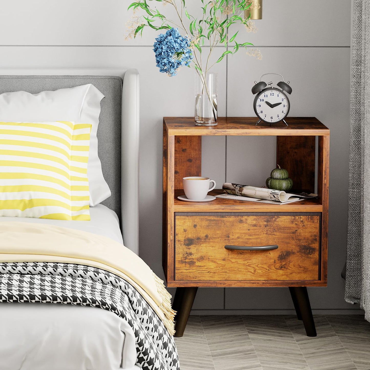 Aenuert Night Stand, Brown Nightstand with Drawer, Side Table with Open Storage, 2-Tier Modern End Table, Bedside Table for Small Space, Living Room, Bedroom