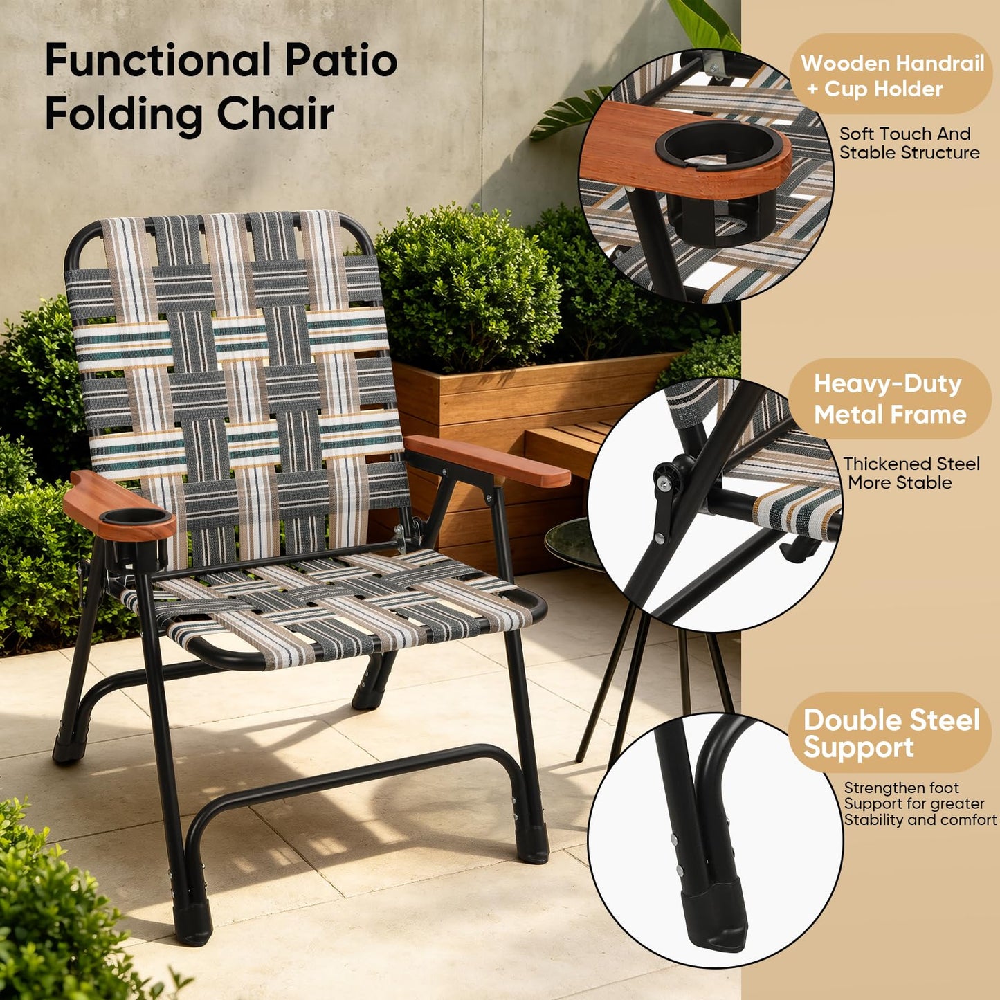 Chiyhshaa Folding Lawn Chair, Portable Camping Chair with Steel Frame, Woven Fabric and Wooden Armrests, Webbed Patio Dinning Chair for Yard Camping Poolside Beach