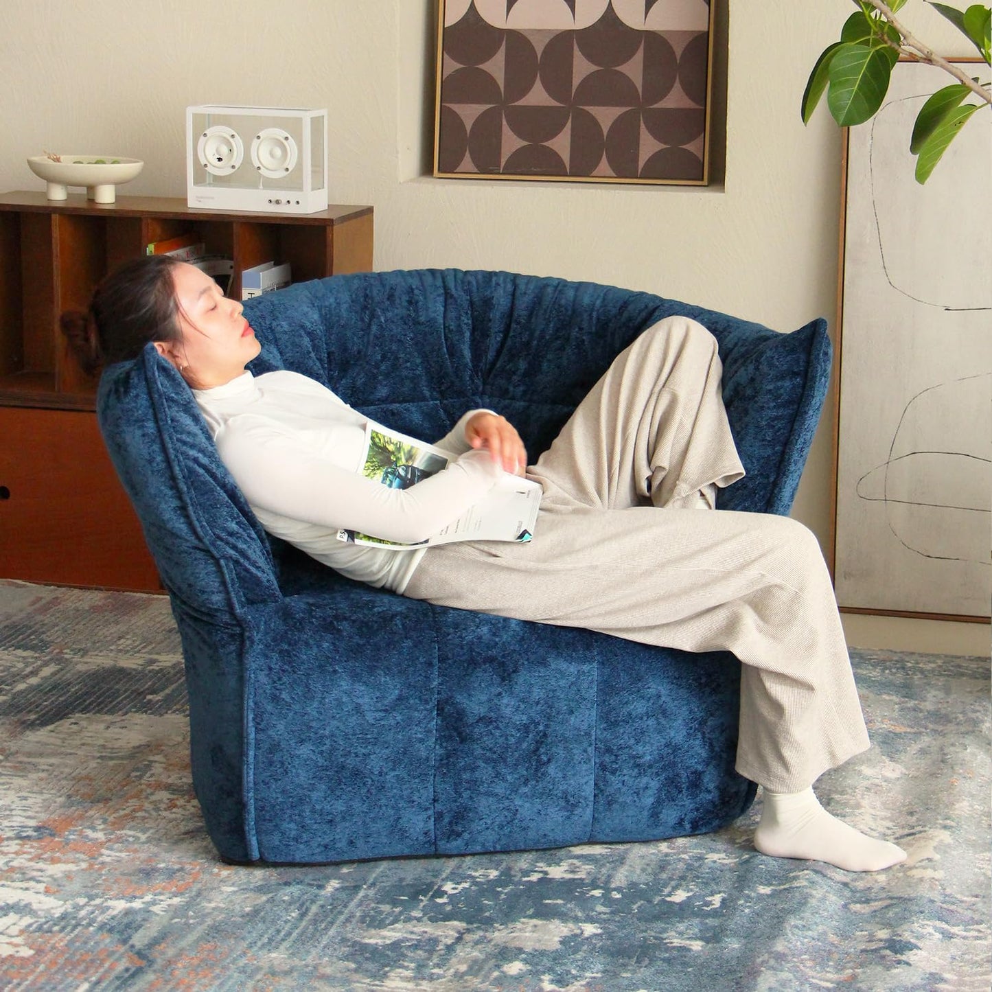 N&V Mid Century Brigantin Deep Relaxation Sofa, Soft Premium Chenille, for Living Room Bedroom and Office (Blue, Single)