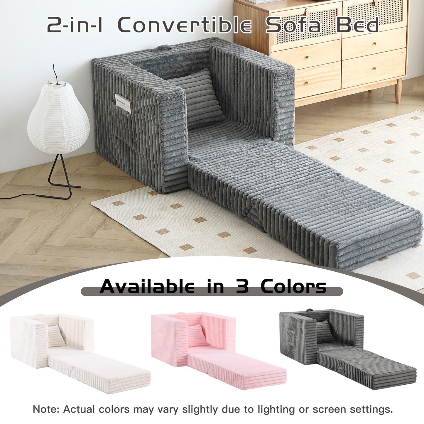 Welnow Folding Sofa Bed, Chair Bed Sleeper for Adults with Triangle Cushion, Boneless Couch with Washable Cover, Fold Out Chair Bed for Living Room Bedroom,Single, Grey
