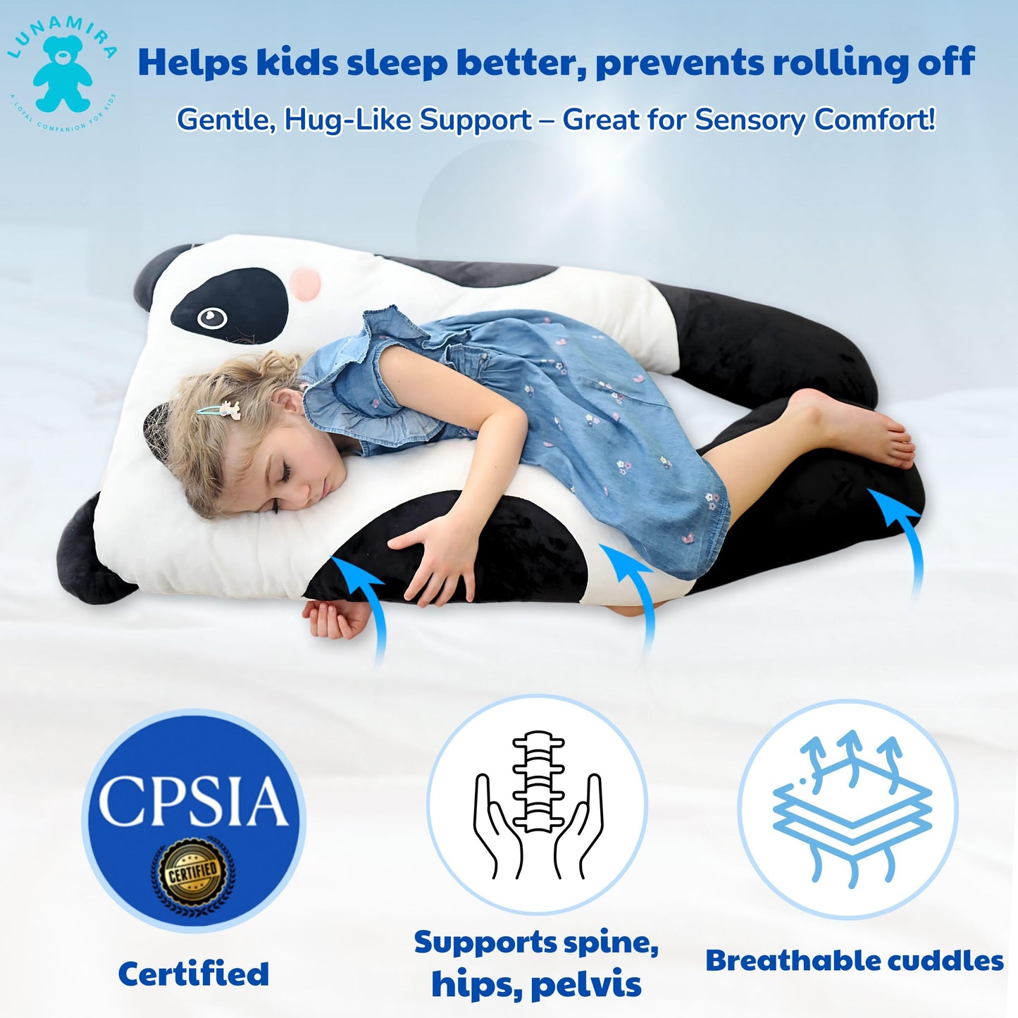 LUNAMIRA Panda Kids Body Pillow - 47" U-Shape Long Plush Soft Animal Pillow for Kids, Sleeping, Reading, ADHD & Special Needs Comfort, Anxiety, Washable Cover, Snuggle Fun Cuddle Gift for Boys & Girls