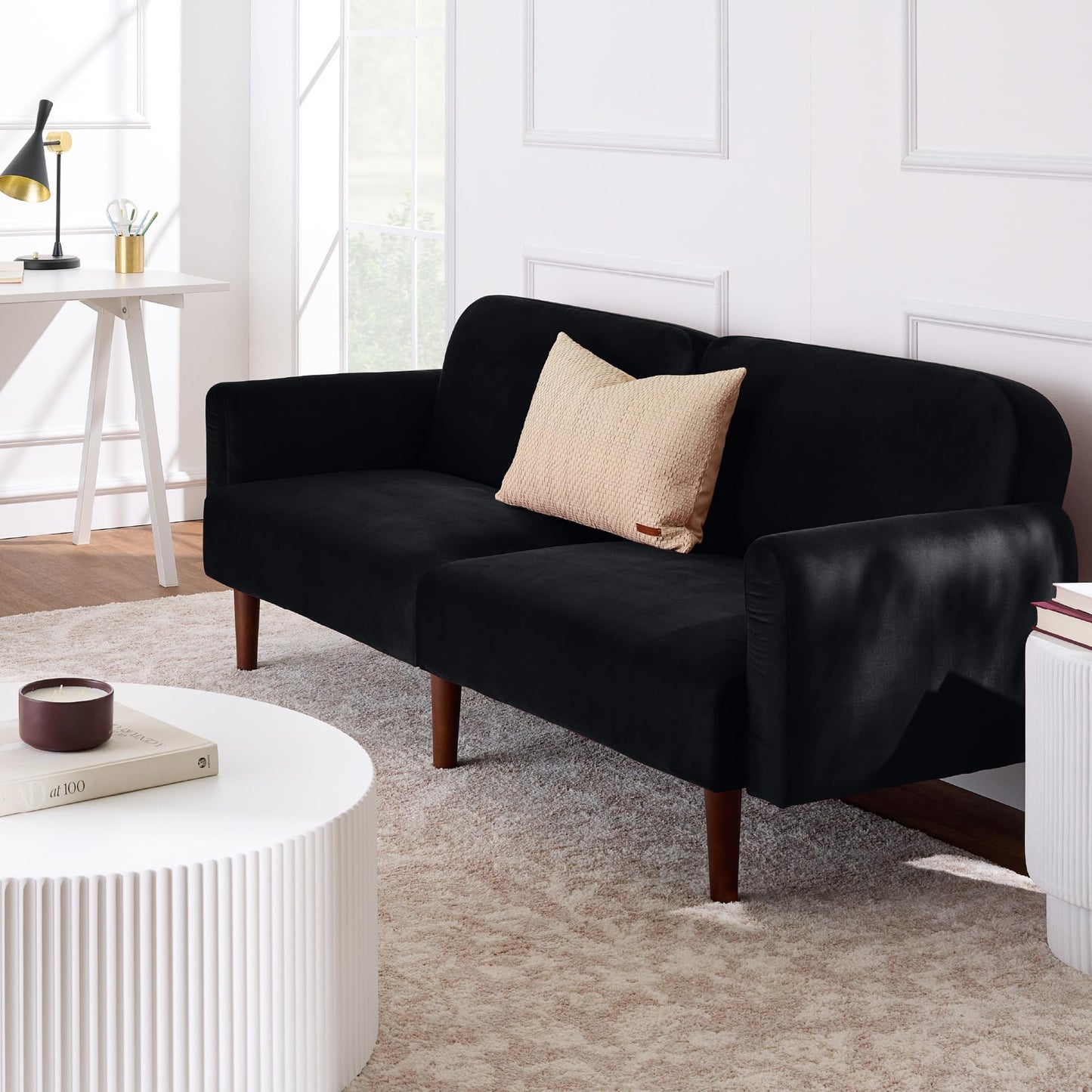 Best Choice Products 77" Mid Century Modern Velvet Loveseat Sofa, Couch, Convertible Sofa Sleeper Bed w/Real Wood, Removable Armrest - Onyx Black