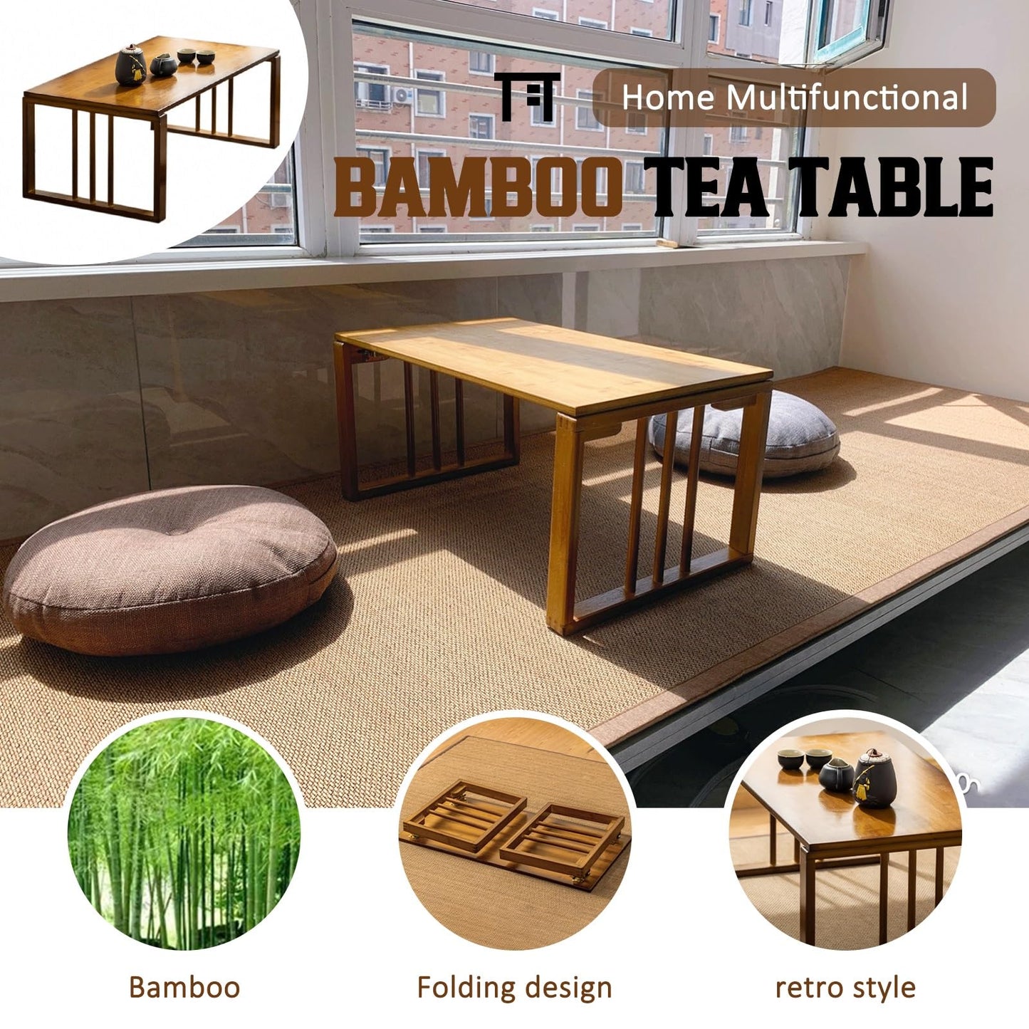 GHHDPXM Japanese Style Bamboo Folding Coffee Table - 70cm Zen Centerpiece for Home, Meditation, and Picnics - Elegant, Durable Table for Tranquil Spaces