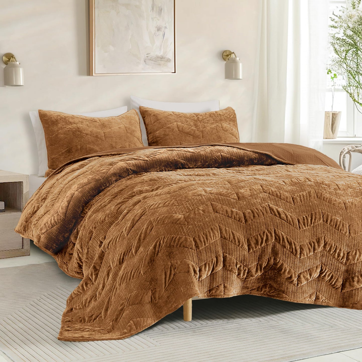 SHALALA Velvet Quilt Set King Size,Ultra Soft Luxury Lightweight Summer Velvet Comforter Set, Oversized Bedspread Coverlet with 2 Shams Geometries Pattern,for All Season(Gold Yellow,King)