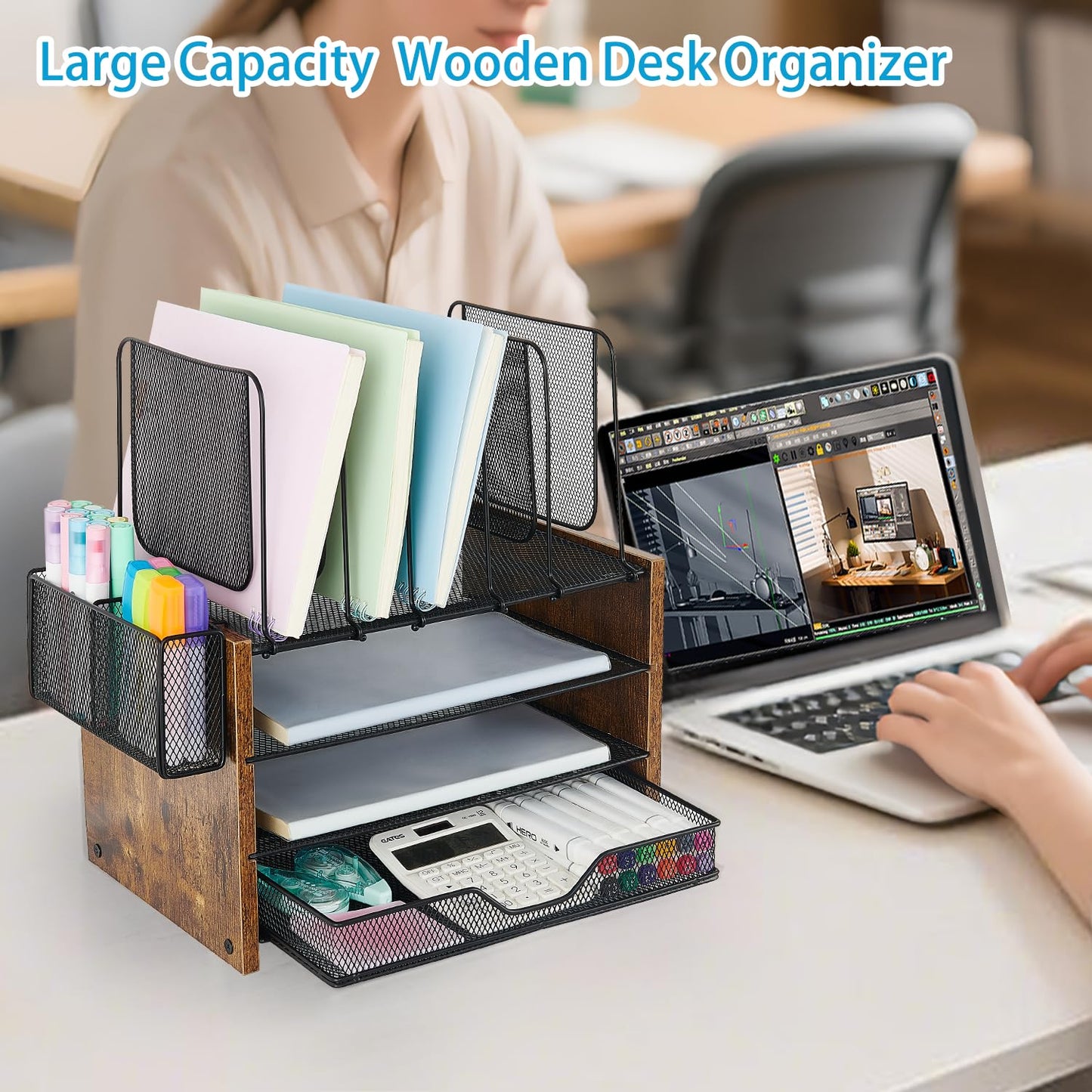OPNICE Desk Organizer, 4-Tier Desktop File Organizer with Drawer and 2 Pen Holders, Office Desk Accessories, Workspace Organizers for Office Supplies(Brown Wood)