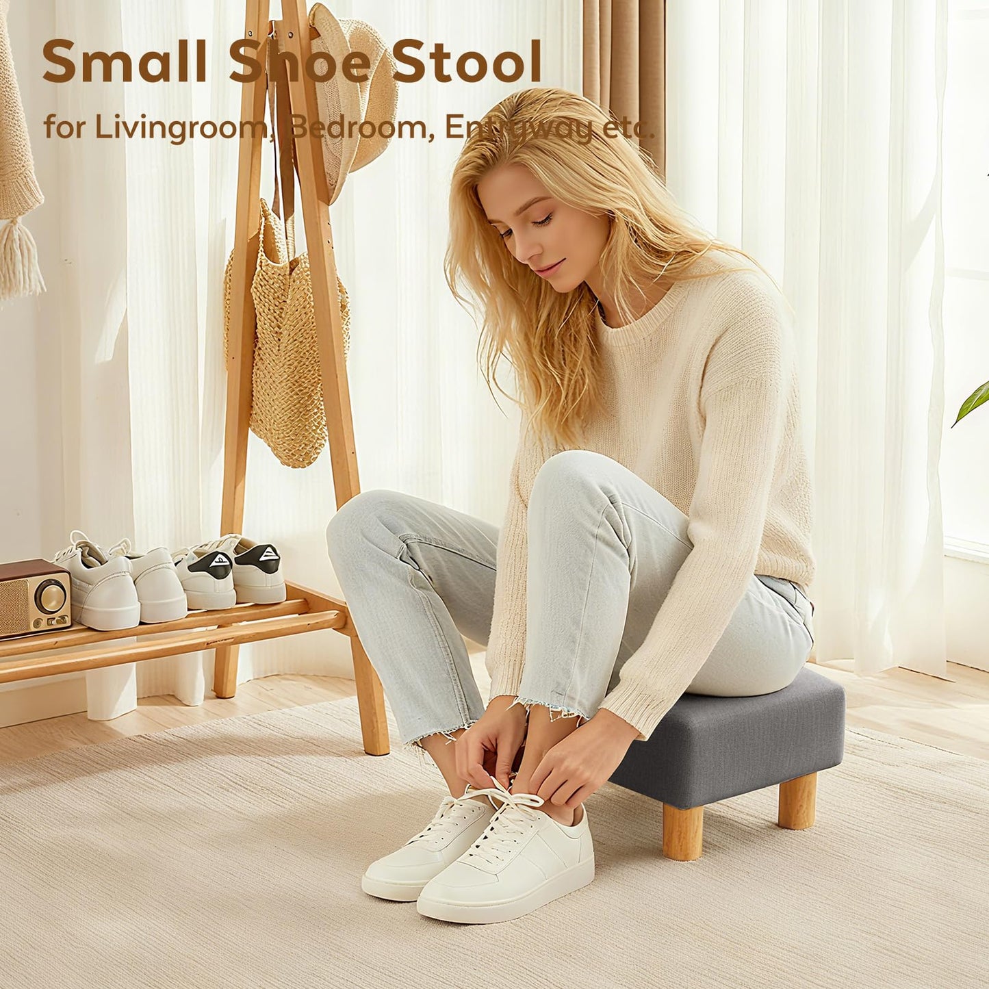 FIMIVIBI Small Foot Stool Ottoman, Linen Footstool Ottoman Foot Rest for Couch, Rectangle Footstools and Ottomans Small for Living Room, Entryway and Bedroom (Gray)